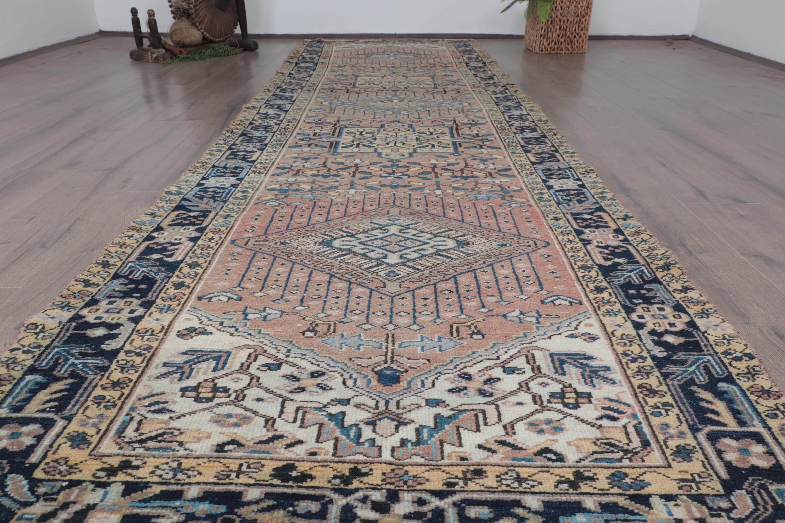 Mavi Oushak Halıları, Koridor Halısı, 3,5x12,9 ft Yolluk Halısı, Yatak Odası Halıları, Mutfak Halıları, Egzotik Halı, Vintage Halı, Türk Halısı, Koridor Halıları