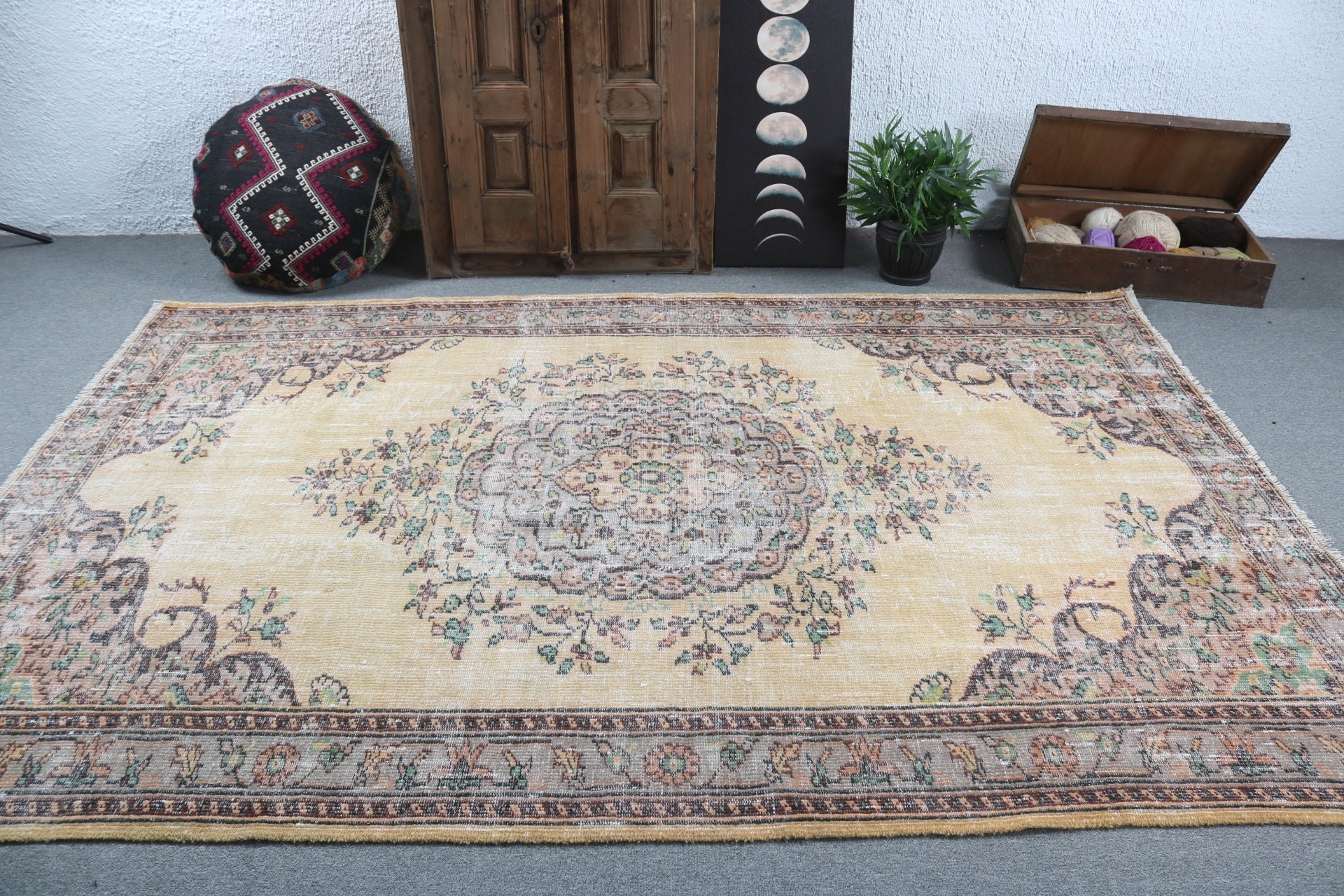 Türk Halısı, Vintage Halı, Boho Halıları, Ev Dekorasyonu Halıları, Büyük Vintage Halılar, Sarı Oryantal Halılar, Salon Halıları, 6.2x9.3 ft Büyük Halılar