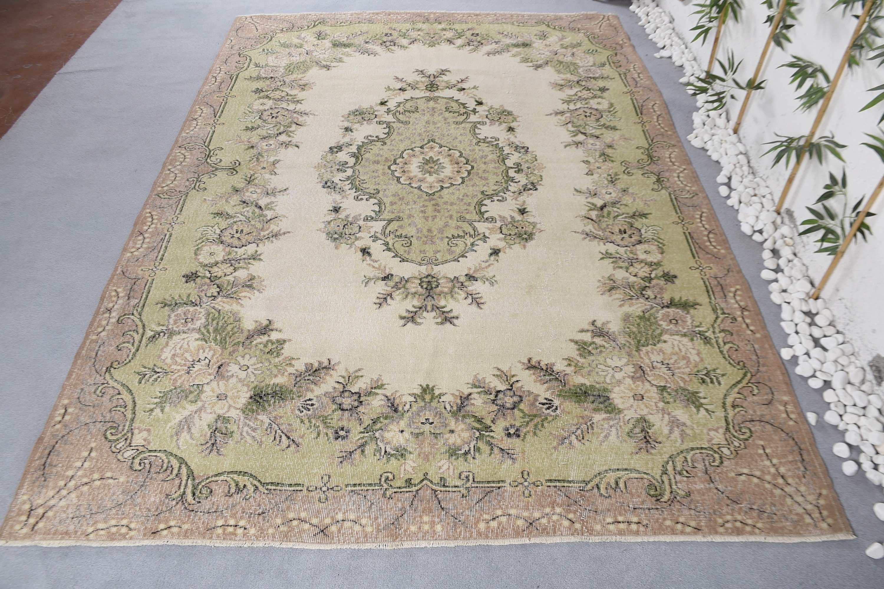 7.1x10.2 ft Oversize Rugs, Vintage Rug, Oriental Rugs, Green Oushak Rugs, Luxury Rug, Bohemian Rug, Turkish Rugs, Salon Rug, Saloon Rug