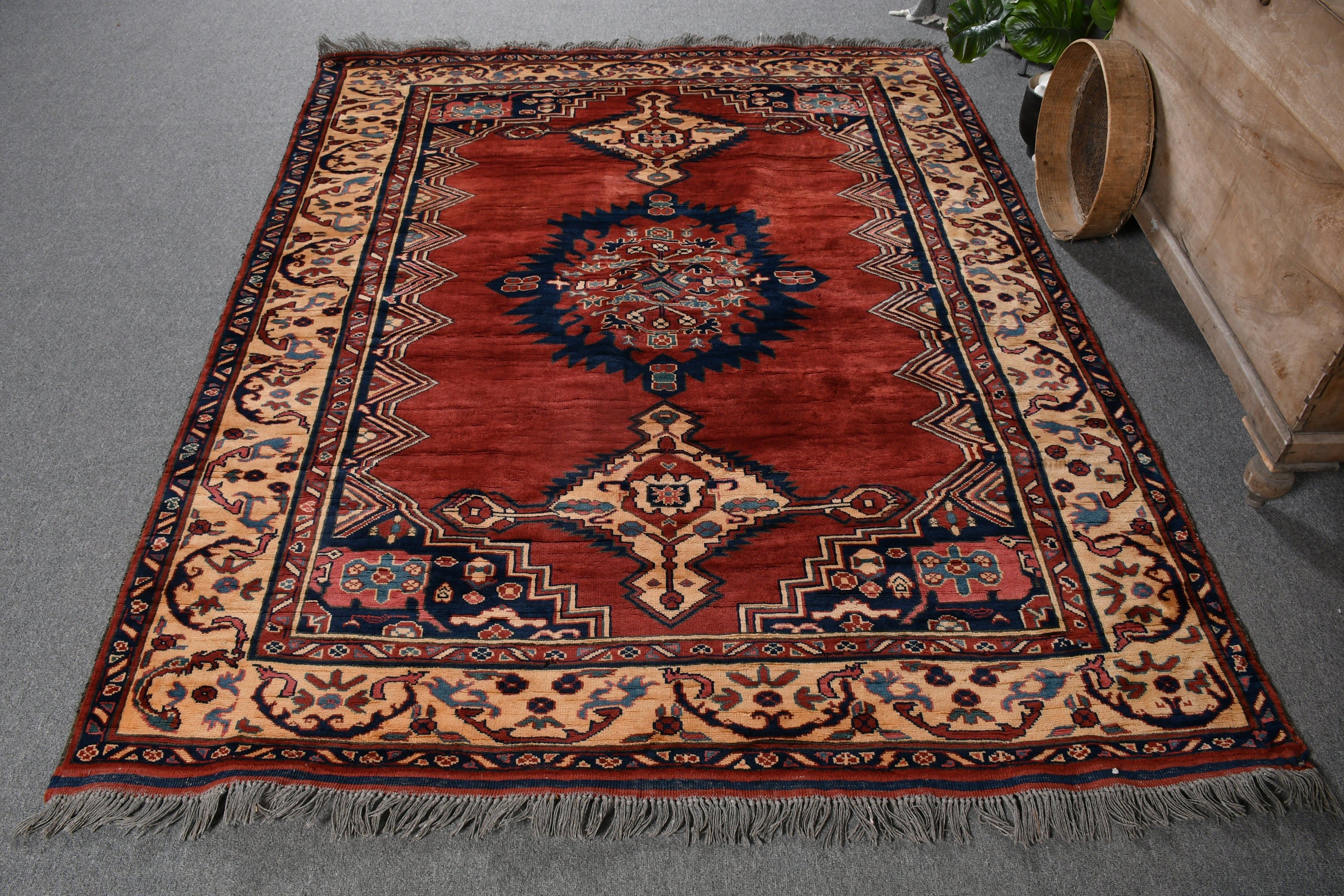 Nursery Rug, Dining Room Rug, Red Floor Rug, 5.4x6.9 ft Area Rugs, Vintage Rugs, Turkish Rug, Rugs for Bedroom, Kitchen Rug, Oushak Rugs