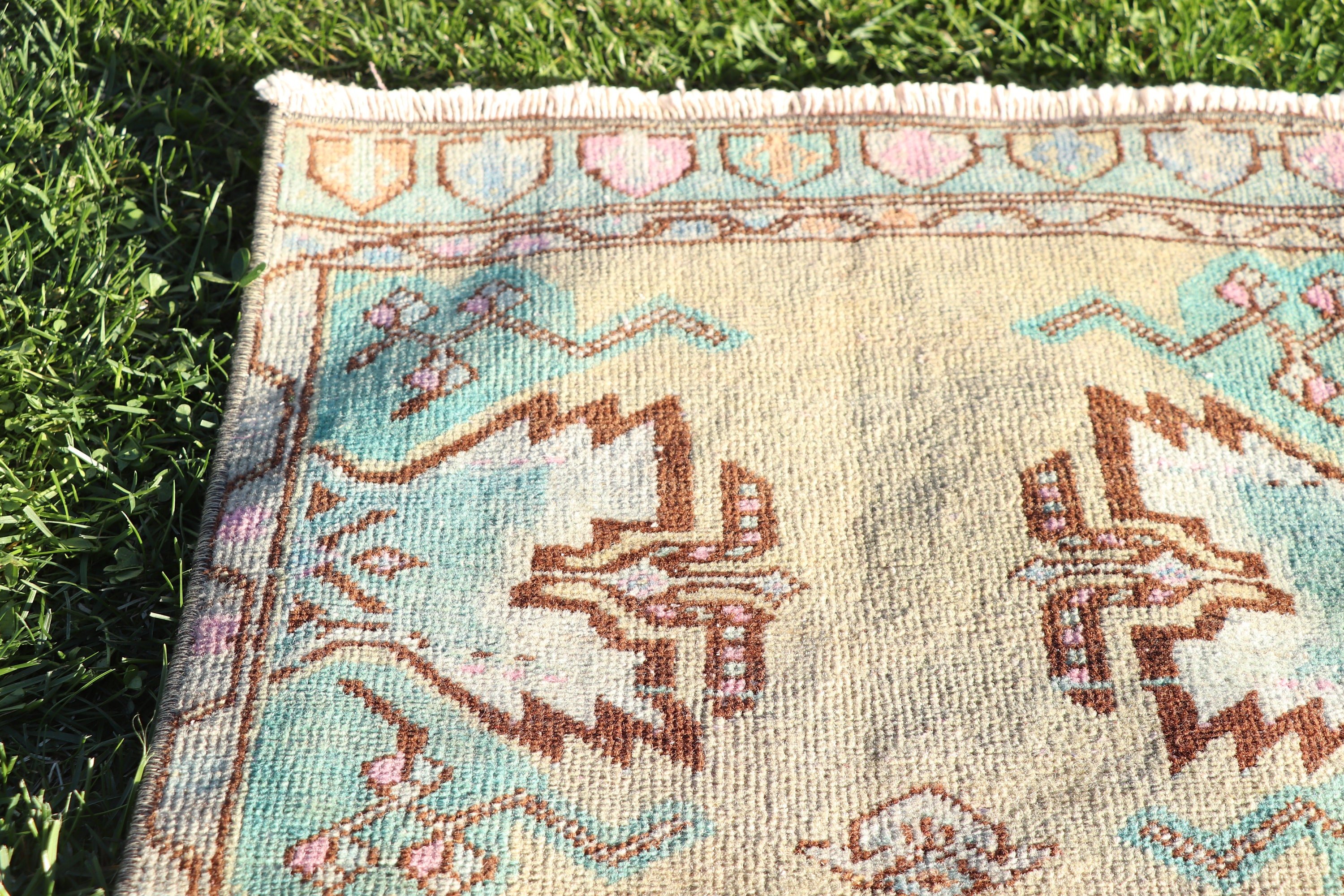 Vintage Halı, Türk Halıları, Küçük Boho Halıları, El Yapımı Halı, Araba Paspas Halıları, 1.5x2.9 ft Küçük Halılar, Oryantal Halı, Yeşil Antika Halı, Nötr Halı