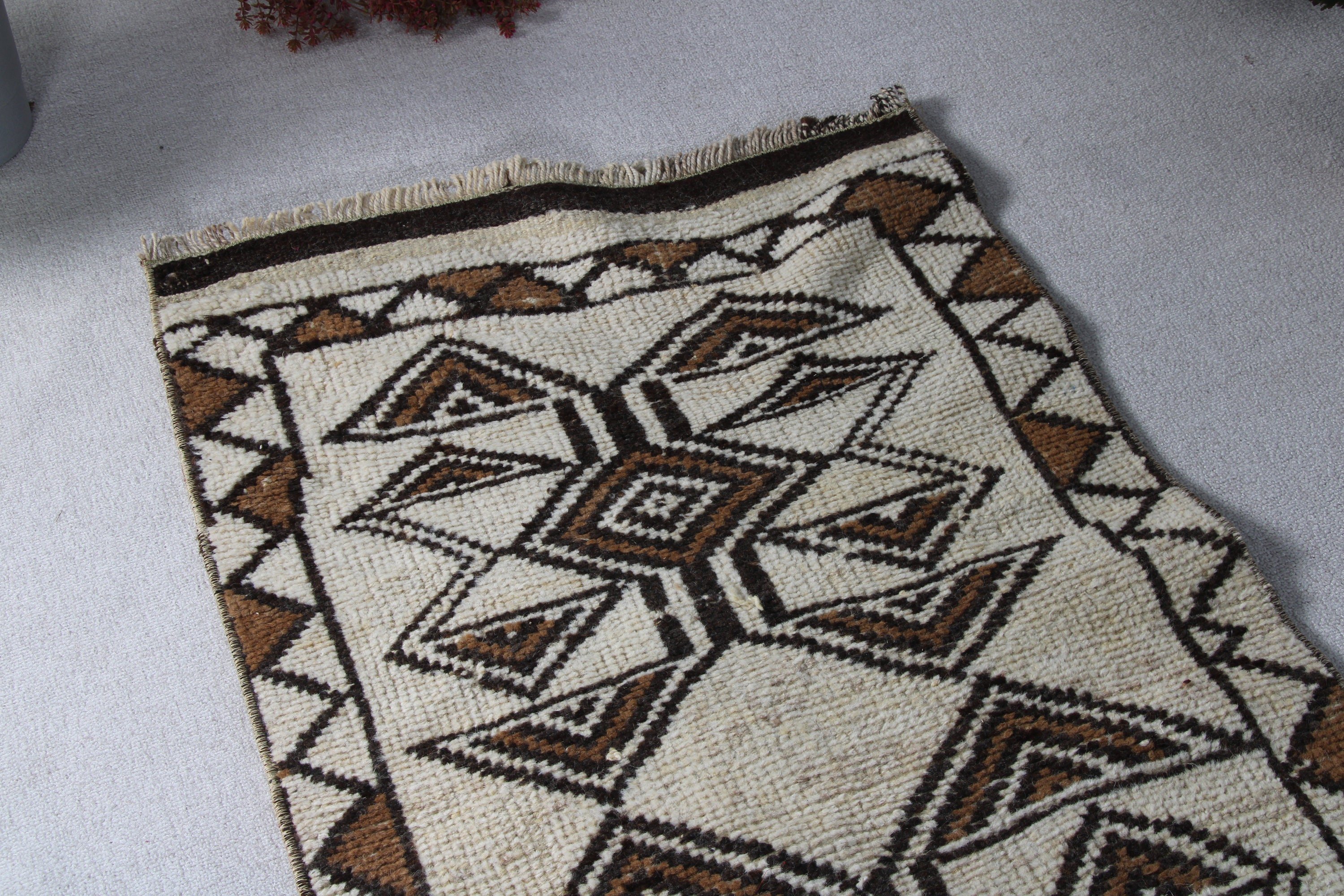 Türk Halısı, Kahverengi Modern Halılar, Yün Halılar, Vintage Yolluk Halıları, Vintage Halılar, 2.6x11.2 ft Yolluk Halısı, Mutfak Halısı, Uzun Yolluk Halıları