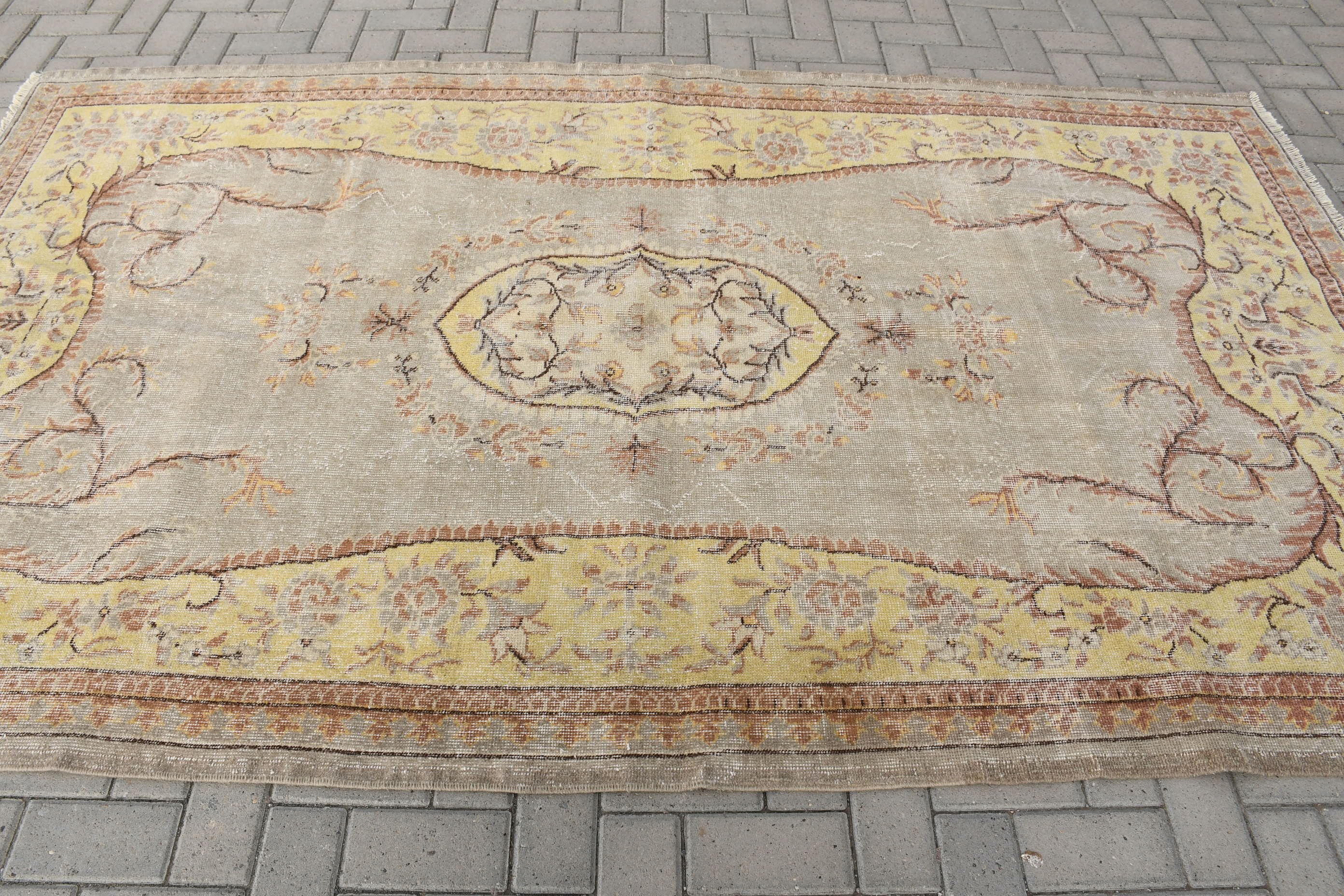 Vintage Halı, Eski Halı, Yemek Odası Halıları, 5.4x9.1 ft Büyük Halı, Oturma Odası Halıları, Sarı Oushak Halıları, Türk Halısı, Yatak Odası Halısı