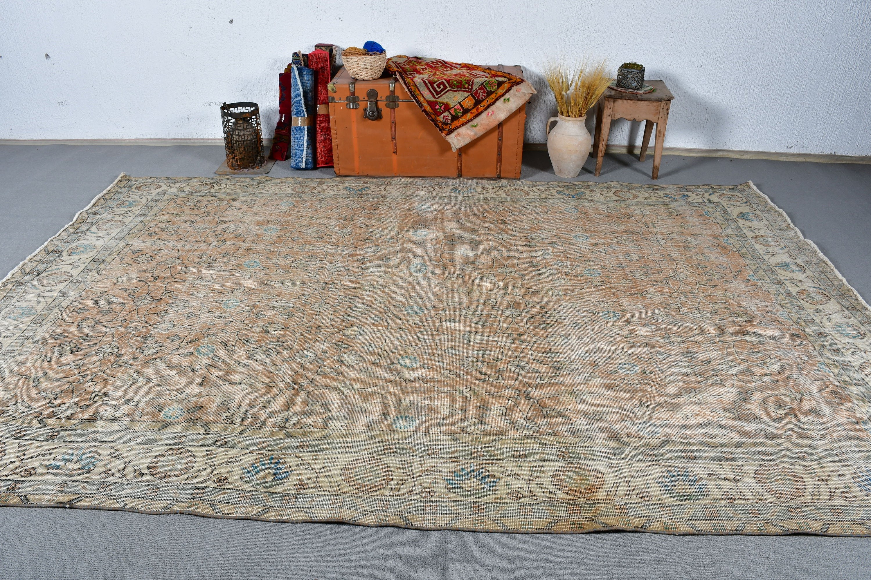 Turkish Rug, Dining Room Rug, Living Room Rug, Orange  7.4x11 ft Oversize Rug, Wool Rugs, Vintage Rugs, Boho Rug