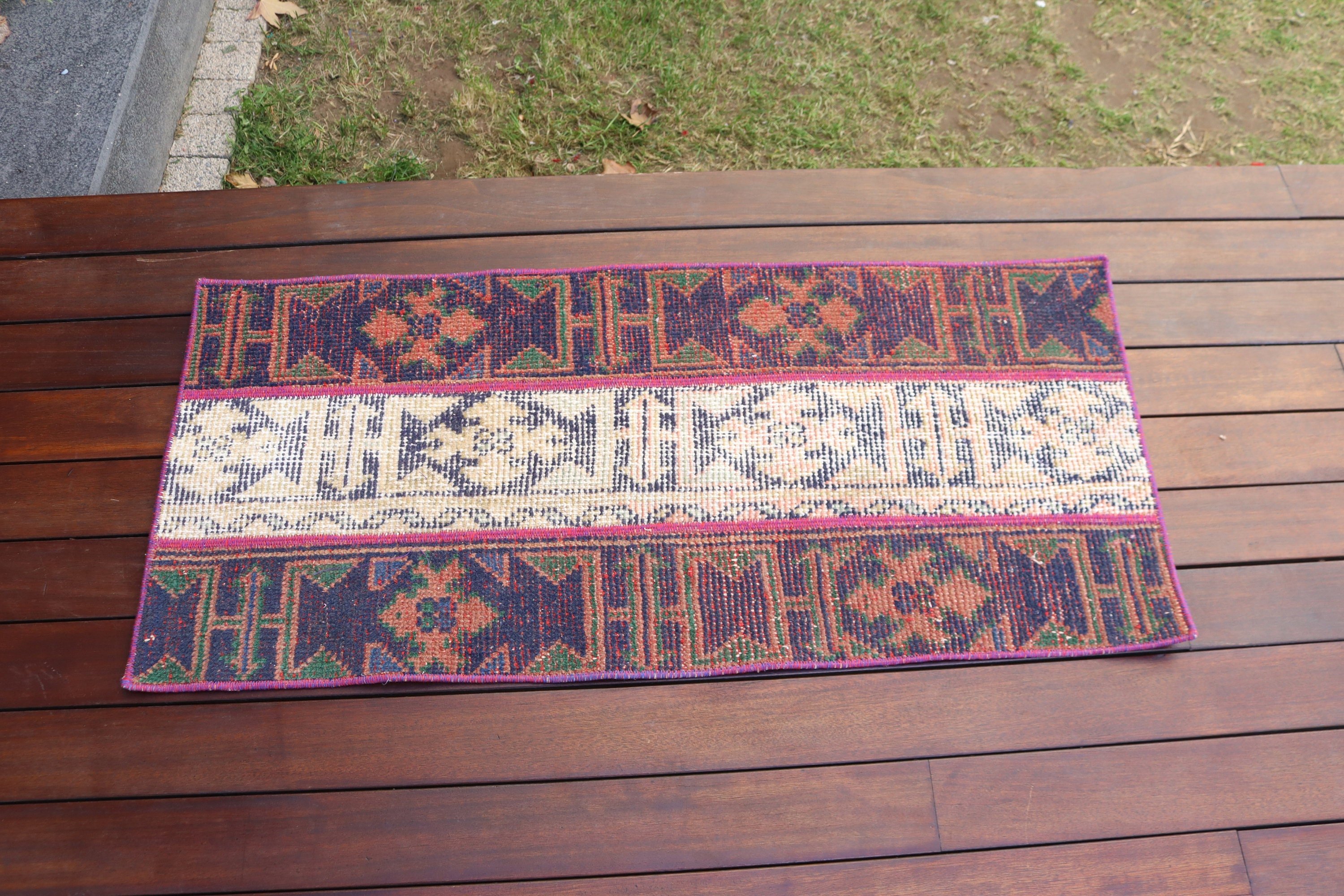 Mavi 1.6x3.6 ft Küçük Halı, Vintage Halı, Türk Halısı, Yatak Odası Halıları, Yün Halı, Kapı Paspası Halısı, Araba Paspas Halısı