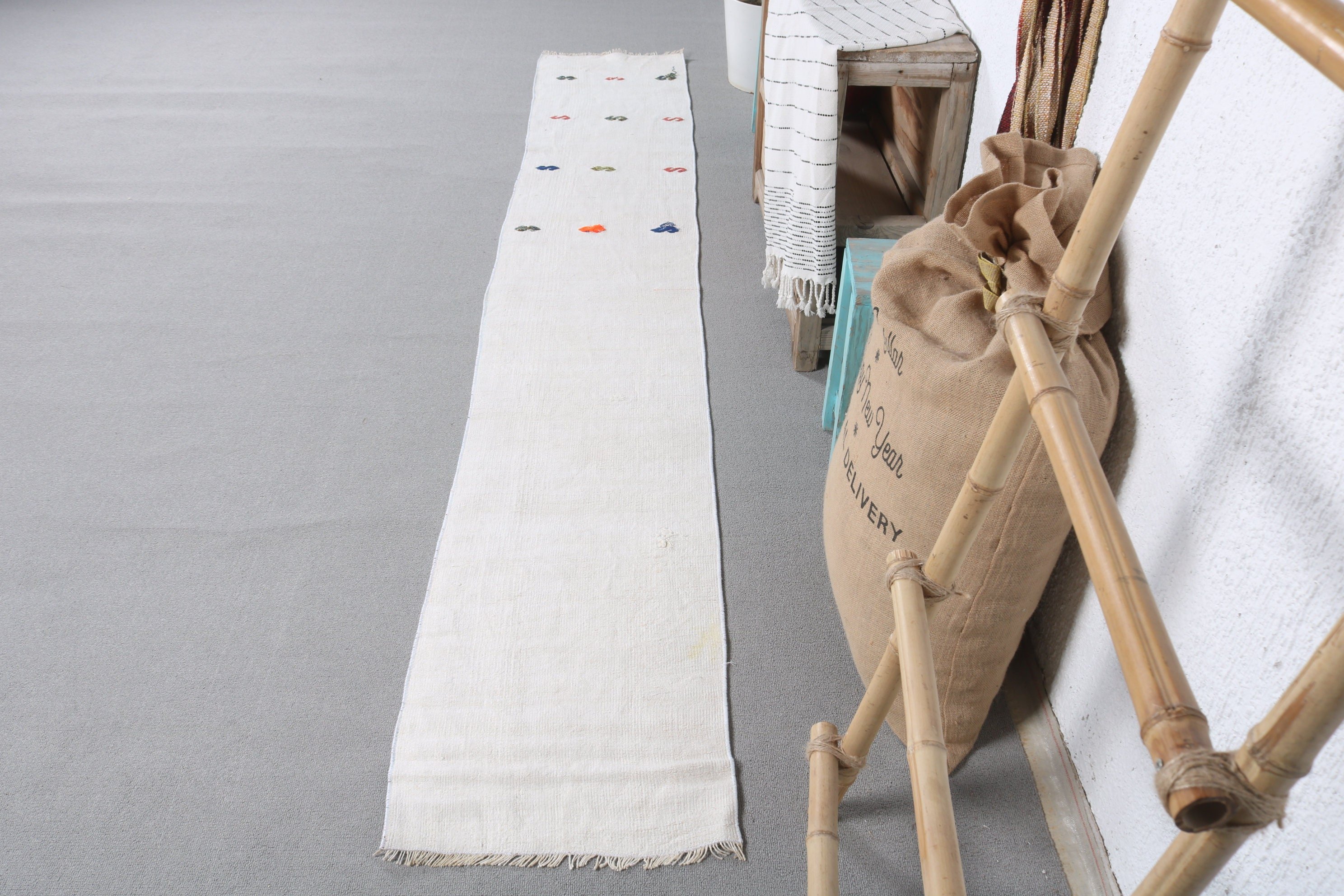 Corridor Rug, Vintage Rug, Moroccan Rug, White Floor Rugs, 1.4x9.2 ft Runner Rugs, Rugs for Stair, Turkish Rug, Hallway Rug