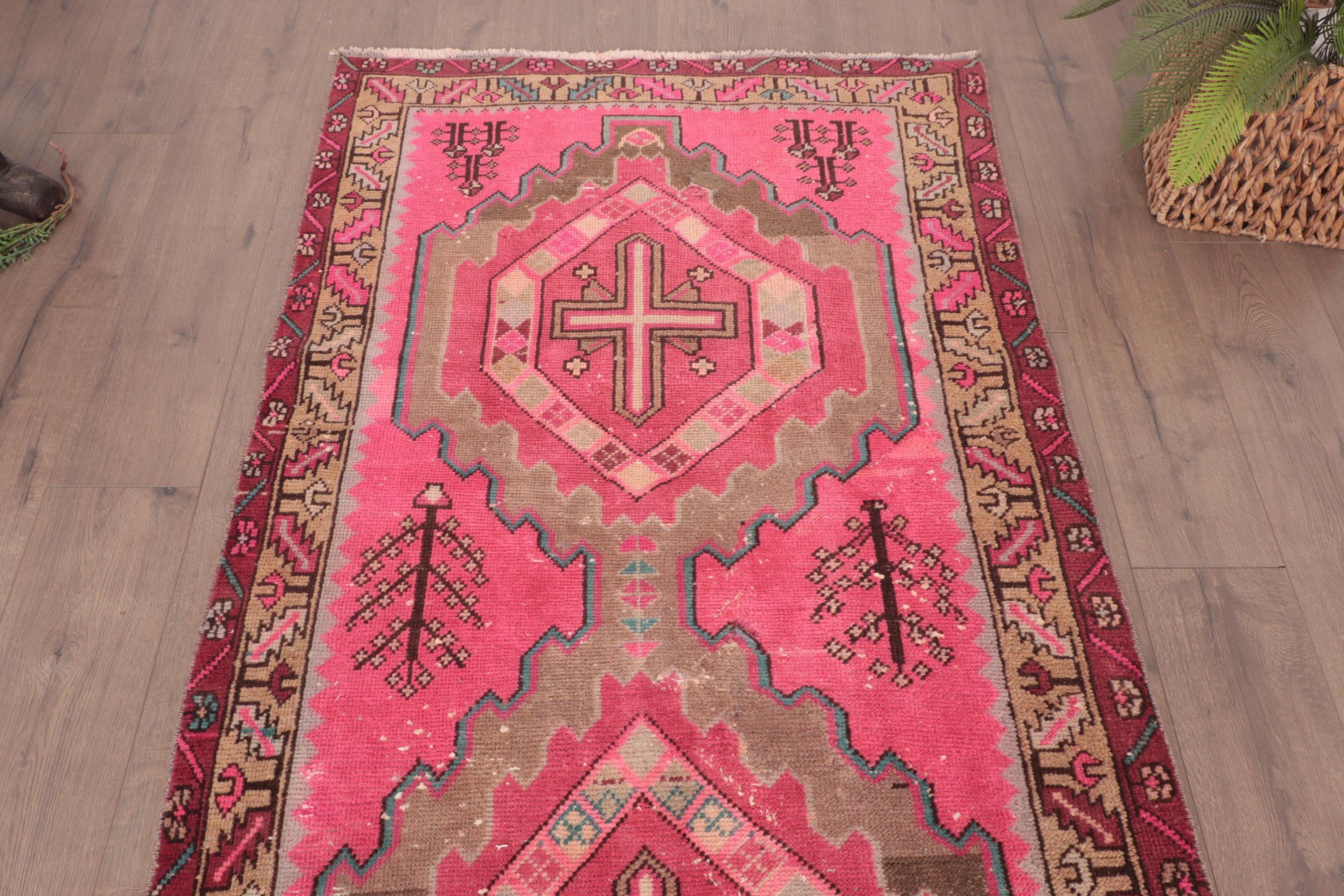 Vintage Runner Halıları, Yer Halısı, Geometrik Halı, Türk Halısı, 3,4x9,4 ft Runner Halısı, Vintage Halı, Oryantal Halı, Koridor Halısı, Pembe Modern Halı