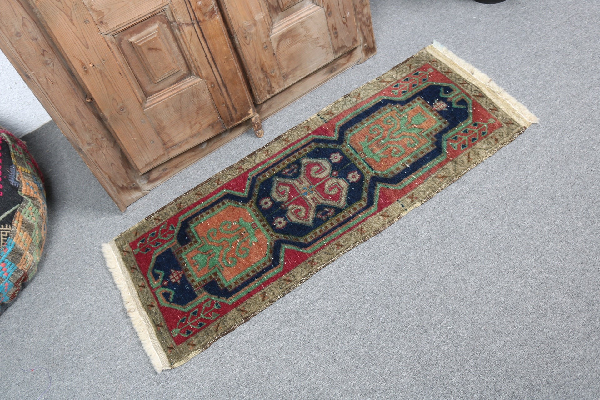 Rugs for Entry, Turkish Rug, 1.4x3.5 ft Small Rug, Vintage Rugs, Neutral Rugs, Green Moroccan Rugs, Floor Rugs, Nursery Rugs, Car Mat Rug