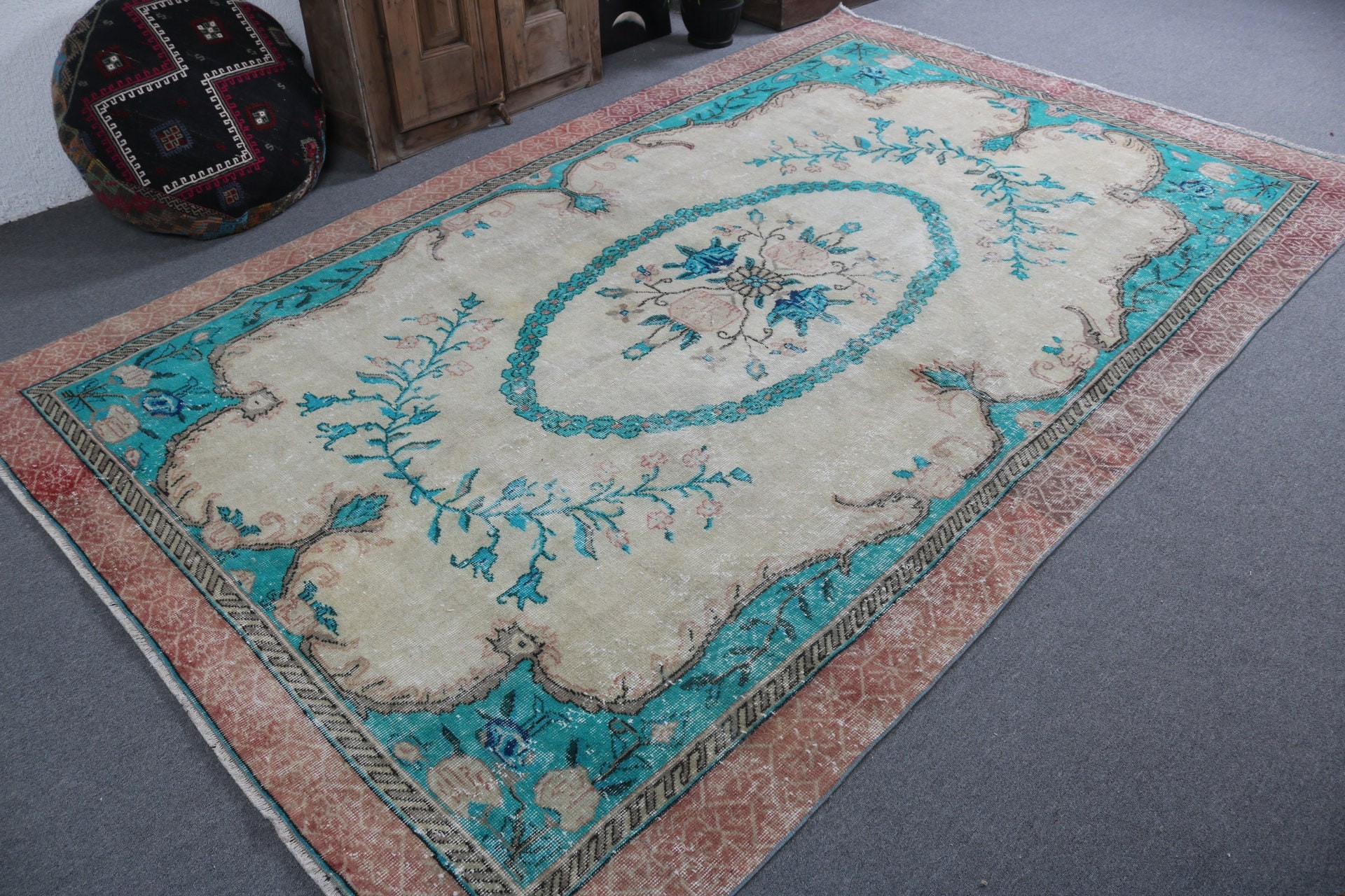 Büyük Vintage Halı, Modern Halılar, Vintage Halılar, Büyük Oushak Halıları, Türk Halısı, Bej Anadolu Halıları, Oryantal Halılar, 6,3x10,4 ft Büyük Halı