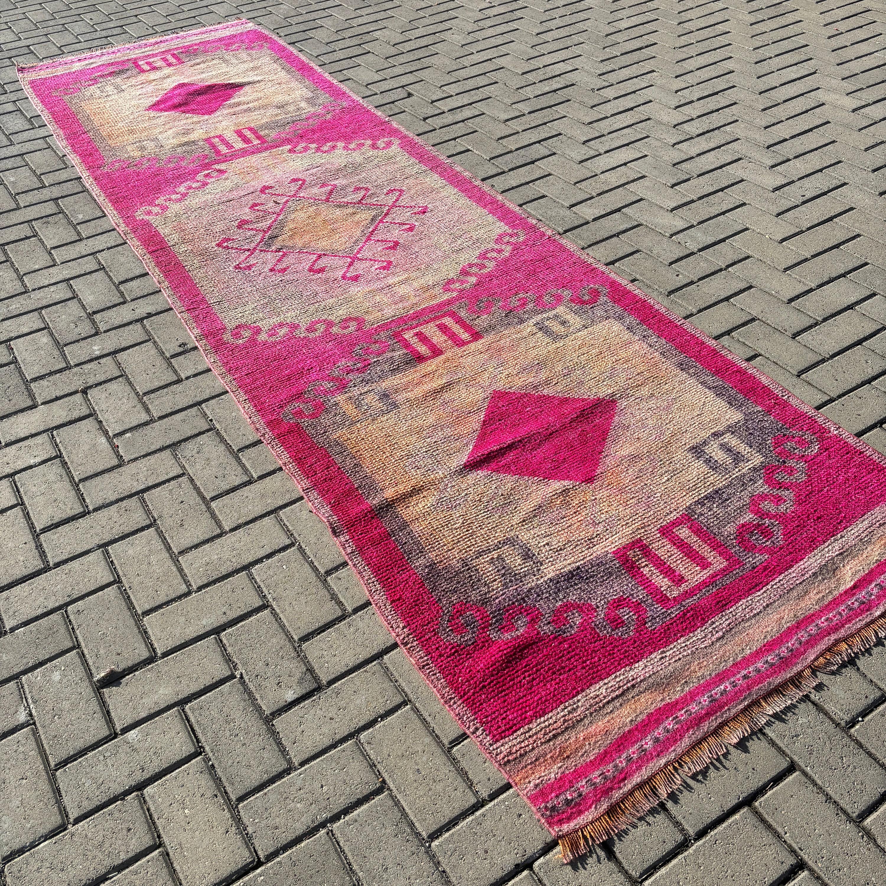 Pink Neutral Rugs, Rugs for Hallway, Vintage Rugs, Stair Rugs, 3.4x12.2 ft Runner Rugs, Handwoven Rugs, Statement Rug, Turkish Rug