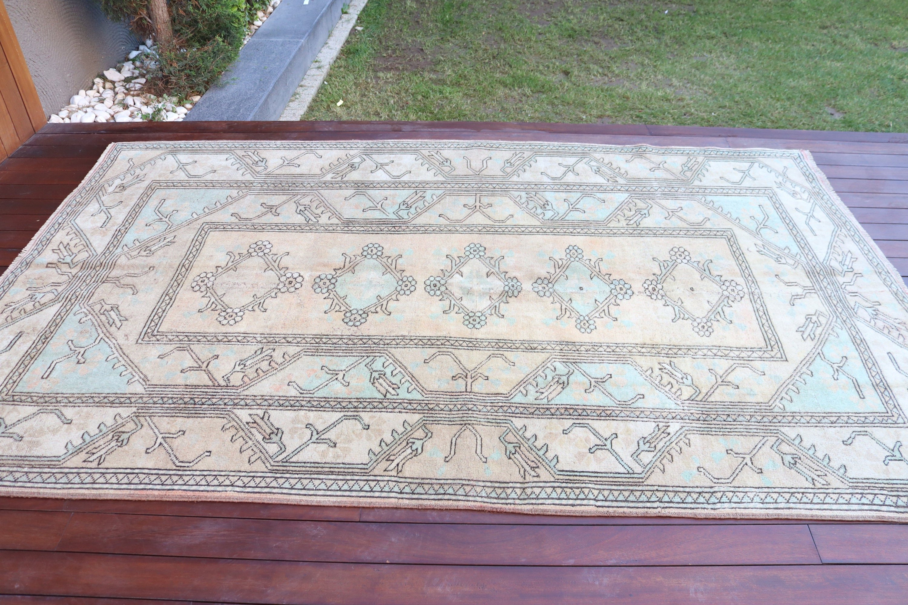 Türk Halıları, Vintage Halı, Bej Antika Halılar, Geometrik Halılar, Yemek Odası Halısı, 5.2x8.4 ft Büyük Halı, Salon Halısı, Yün Halılar, Aztek Halısı