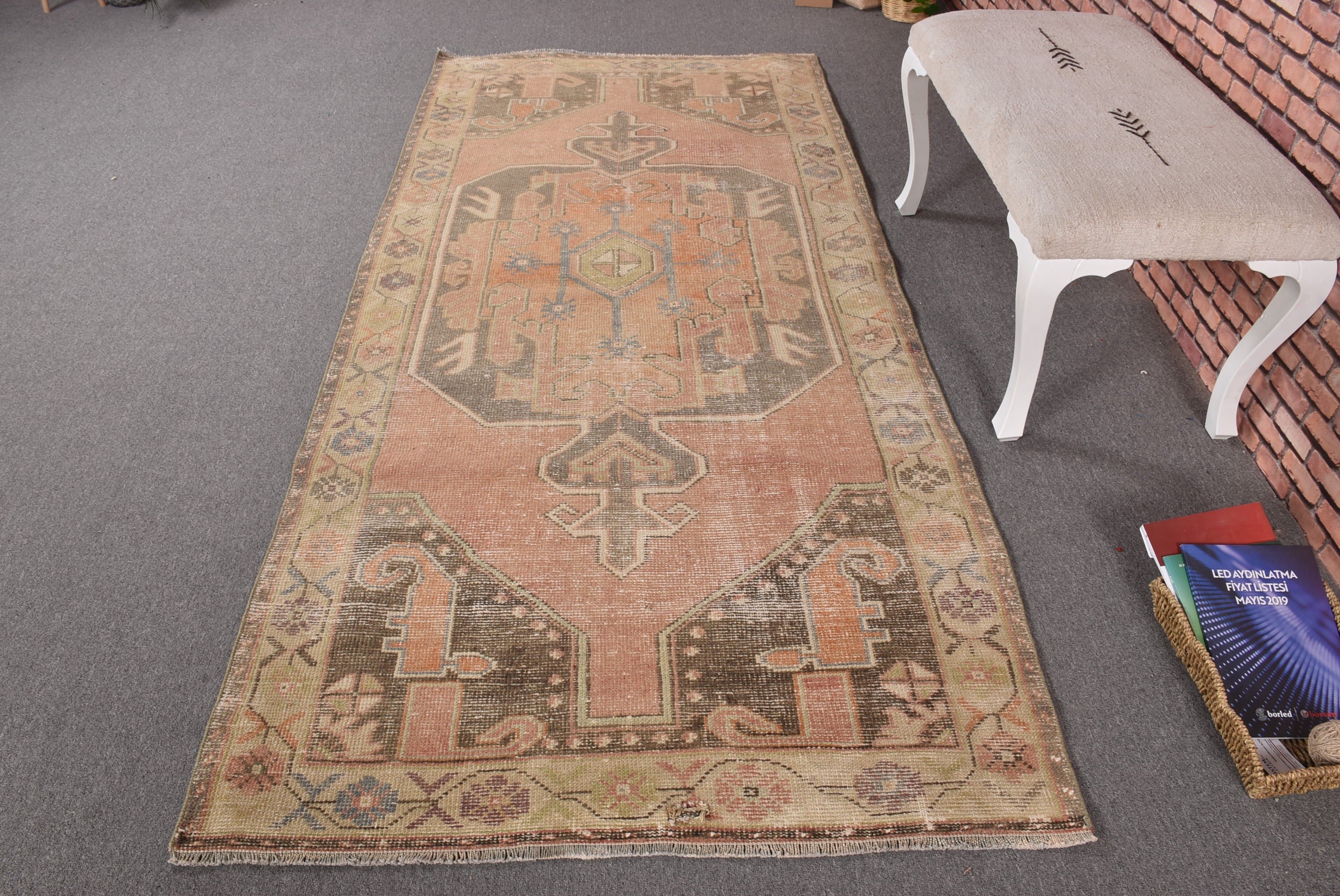 Yün Halı, Vintage Alan Halıları, 3,9x8,5 ft Alan Halısı, Vintage Halılar, Boho Halı, Bildiri Halısı, Turuncu Oushak Halısı, İç Mekan Halıları, Türk Halıları