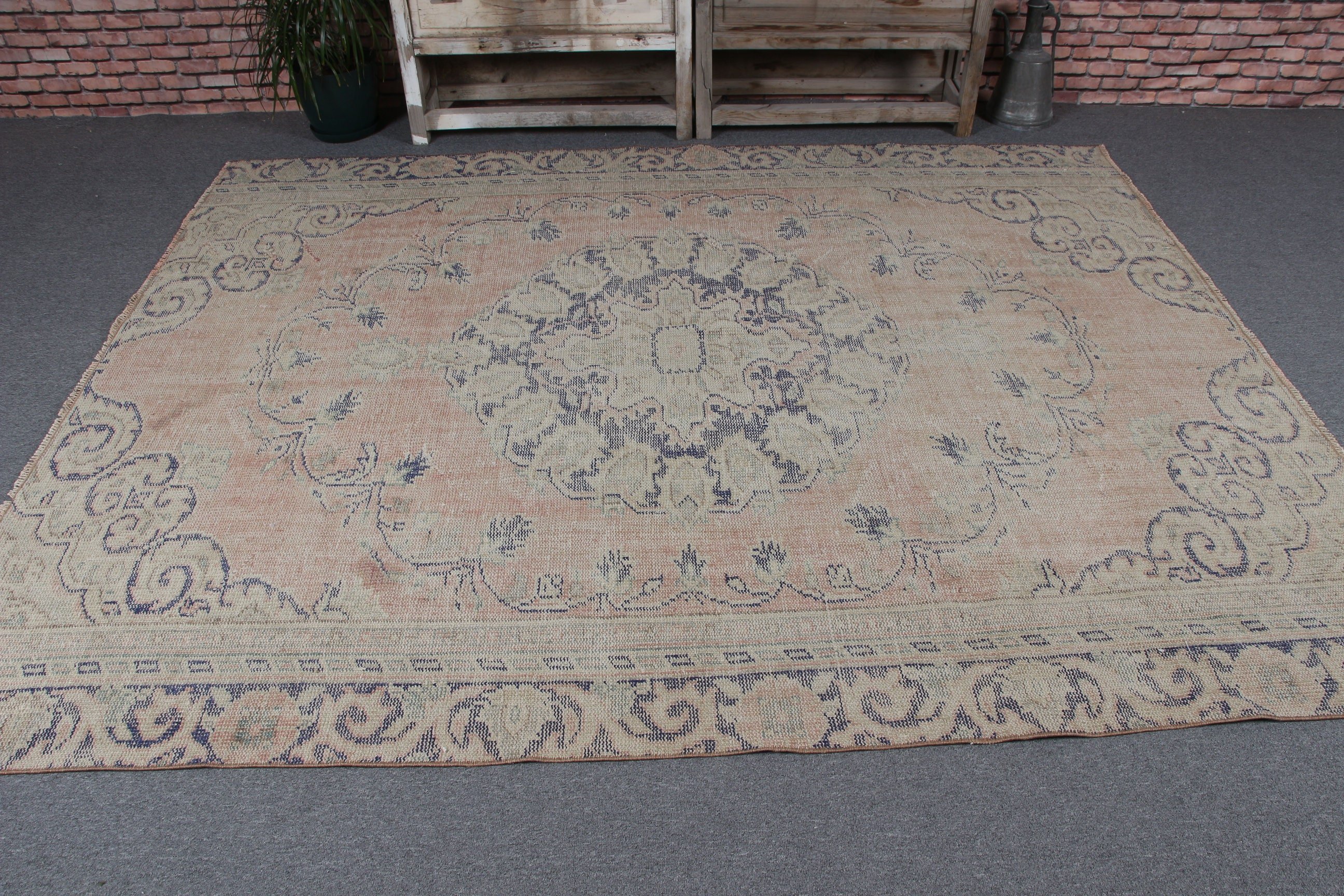 Büyük Boho Halı, Vintage Halılar, Türk Halıları, 6.4x8.1 ft Büyük Halılar, Bej Geometrik Halılar, Büyük Oushak Halı, Modern Halı