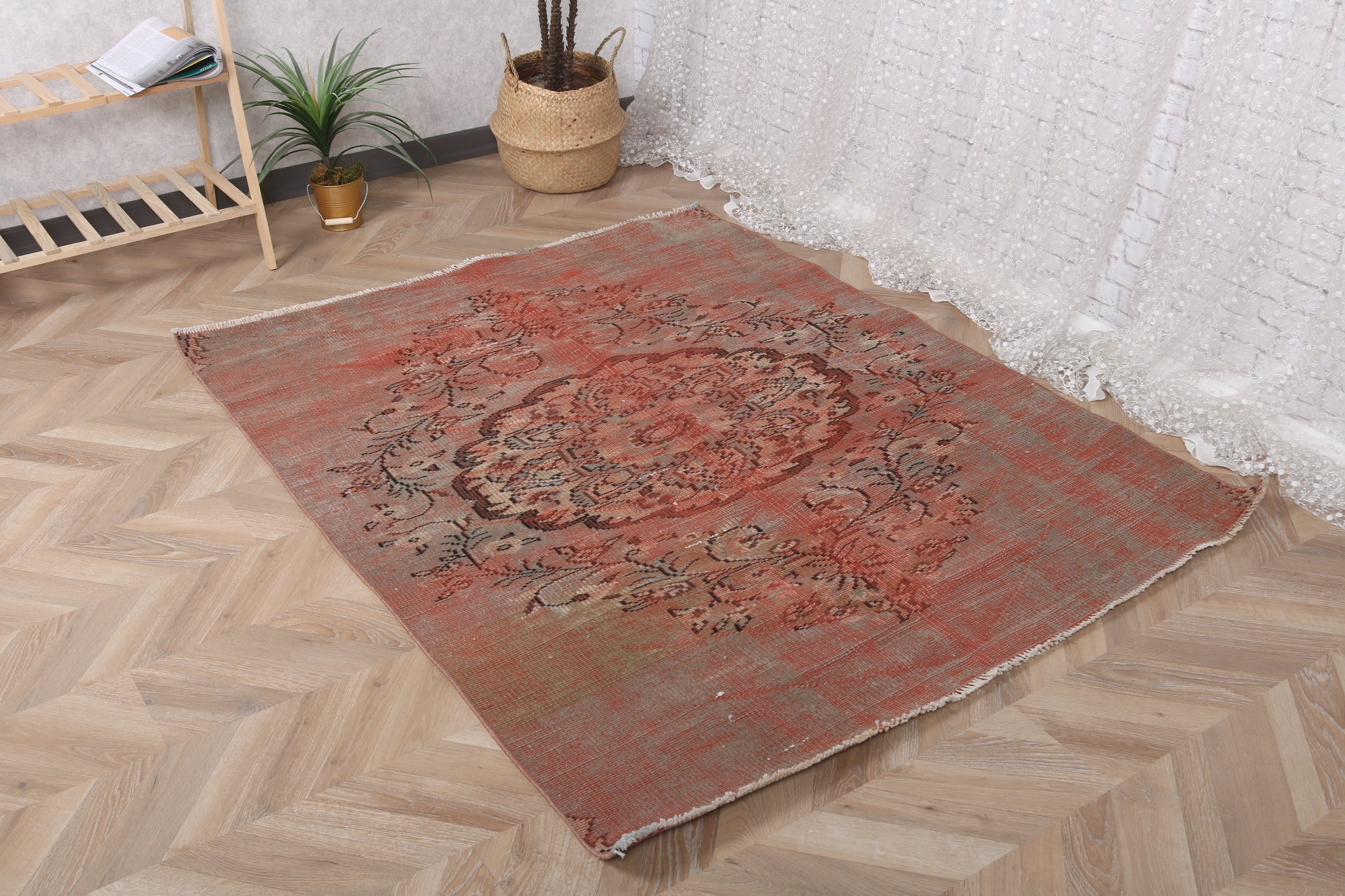 4.4x5.5 ft Alan Halıları, Türk Halısı, Vintage Halılar, Aztek Halısı, Yemek Odası Halıları, Alan Halıları, Fas Halısı, Oushak Halısı, Kahverengi Geometrik Halılar