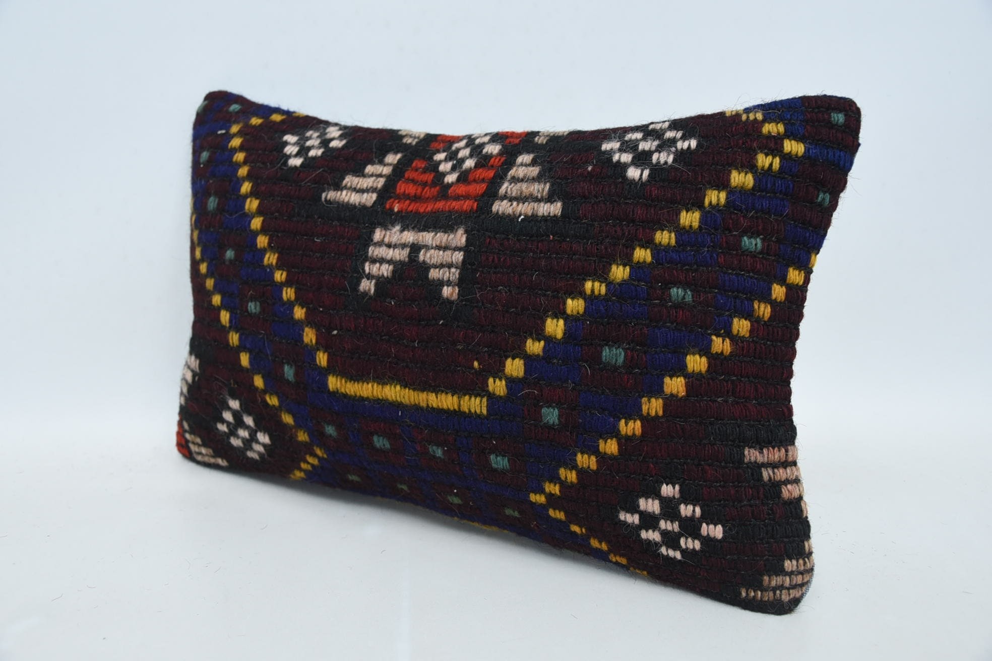 Vintage Kilim Pillow, 12"x20" Brown Pillow, Antique Pillows, Handmade Kilim Cushion, Hippie Throw Cushion Case, Nomadic Pillow Sham