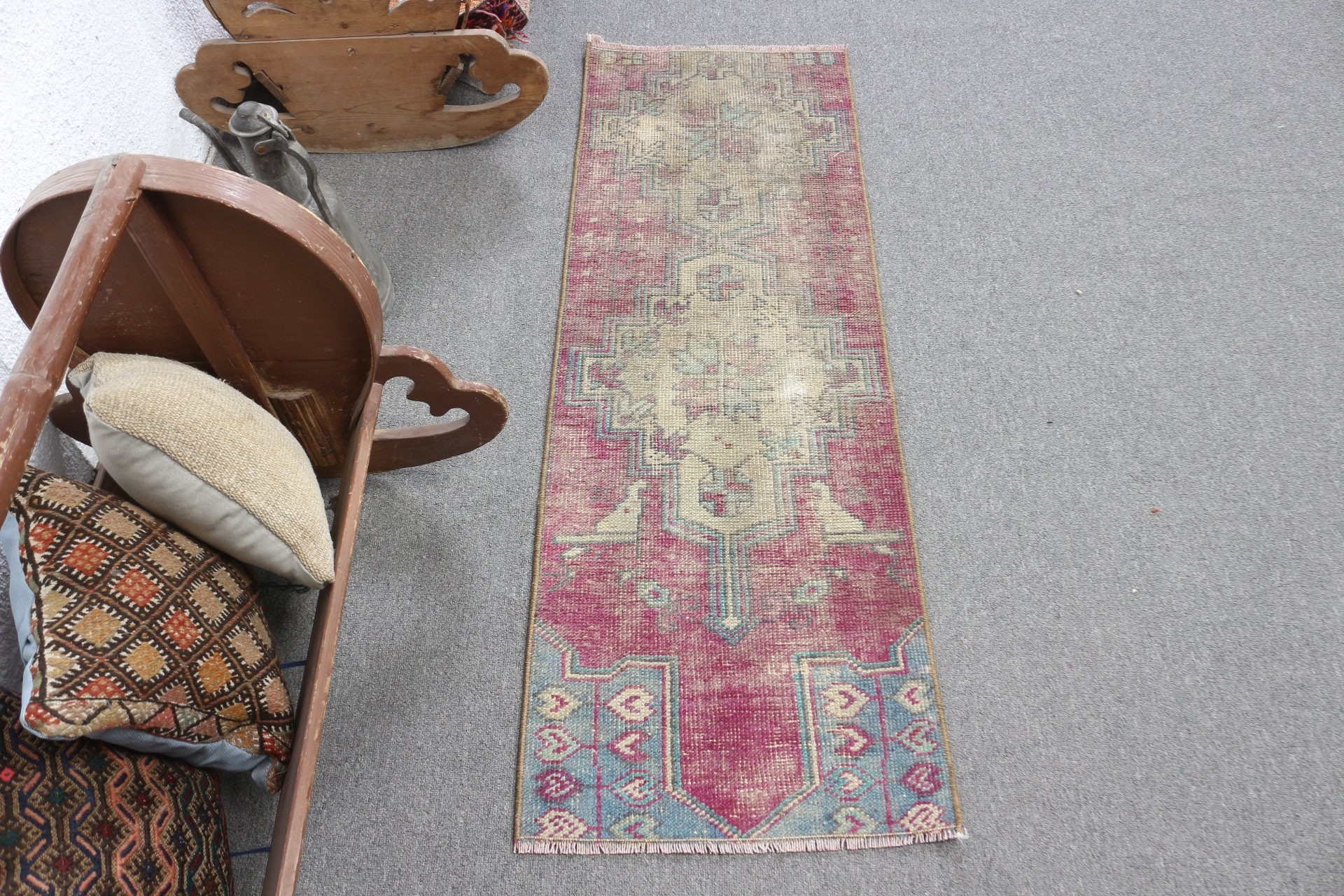 Kabile Halısı, Ev Dekor Halısı, 1.6x4.4 ft Küçük Halı, Çocuk Halısı, Mutfak Halıları, Türk Halıları, Vintage Halı, Yatak Odası Halıları, Mor Antika Halılar