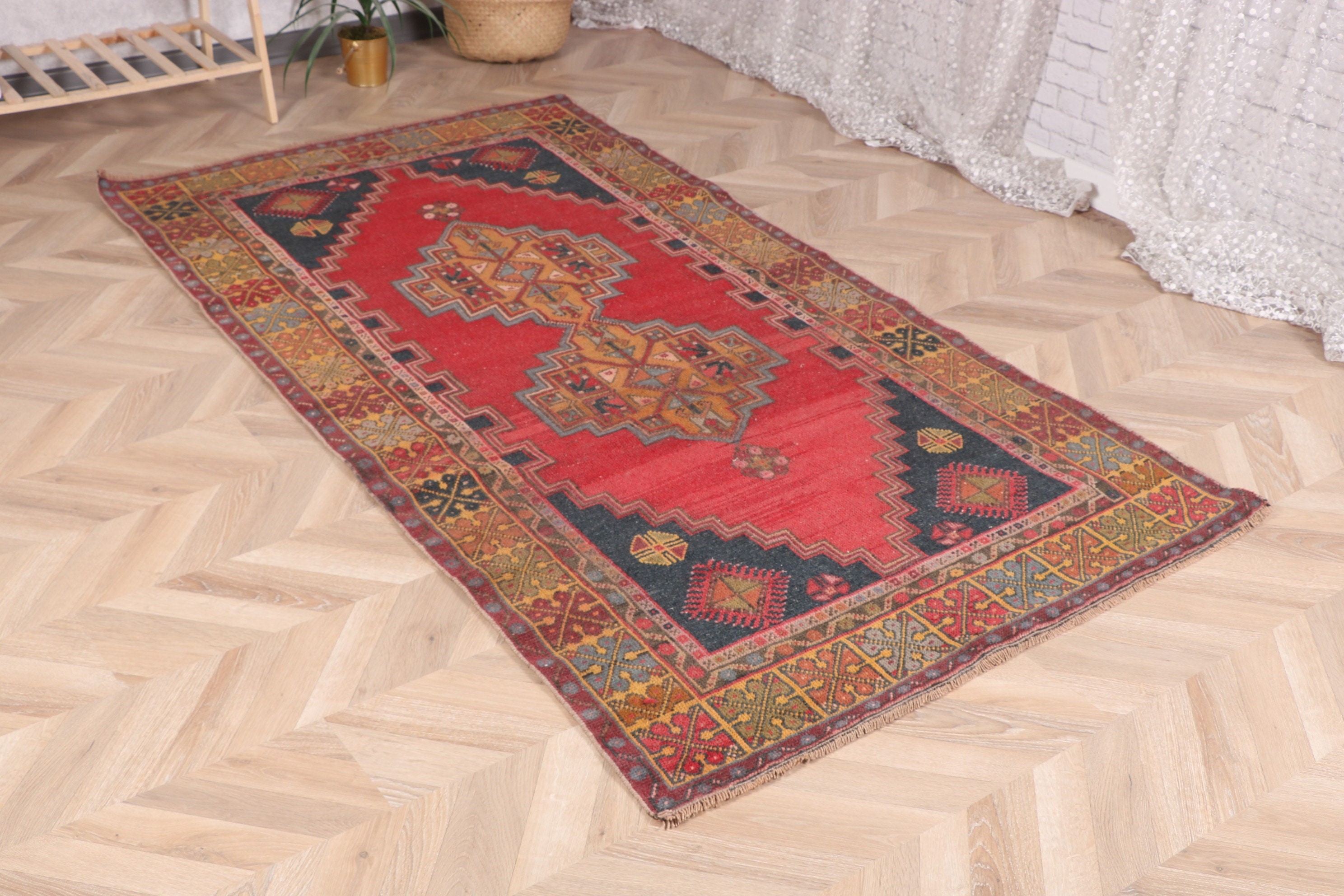 Vintage Rug, Wool Rug, Oriental Rugs, Turkish Rug, Red Modern Rugs, 3.8x7.1 ft Area Rugs, Rugs for Dining Room, Bedroom Rug, Boho Area Rug