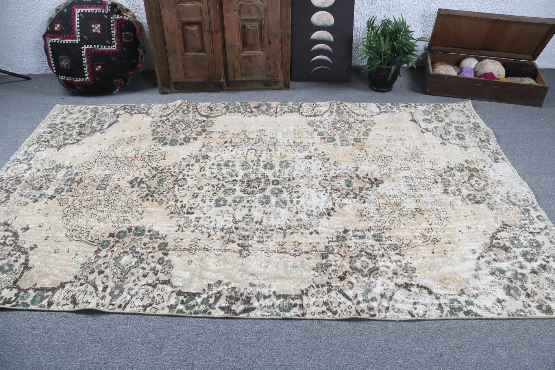 Oushak Halı, 5.2x8.6 ft Büyük Halılar, Türk Halısı, Yemek Odası Halısı, Boho Halısı, Yatak Odası Halıları, Vintage Halılar, Düz Dokuma Halılar, Bej El Dokuma Halı