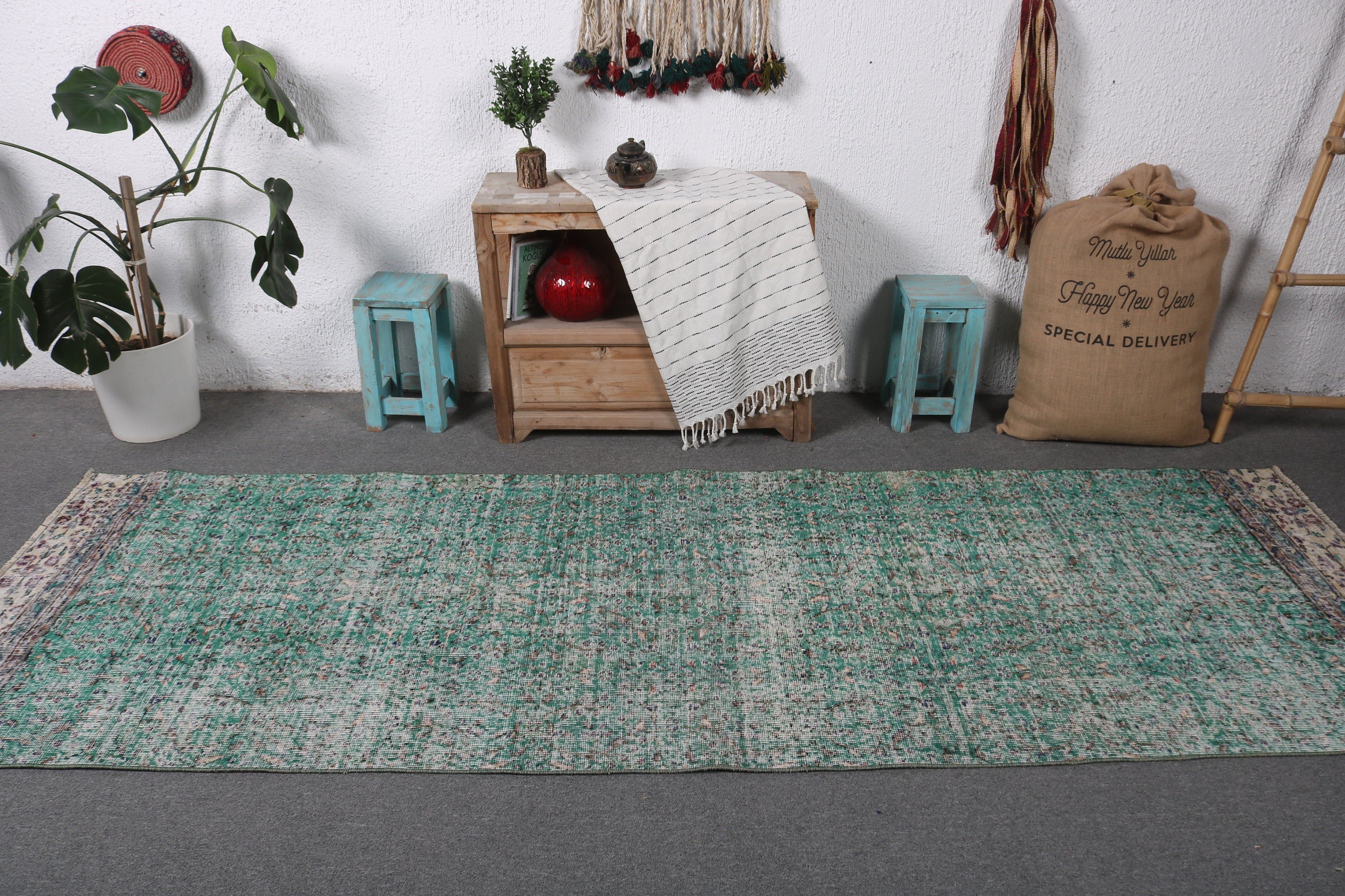 Ethnic Rug, Vintage Rugs, 3.3x9.7 ft Runner Rug, Stair Rugs, Turkish Rug, Long Runner Rugs, Green Wool Rugs, Geometric Rugs, Oriental Rug