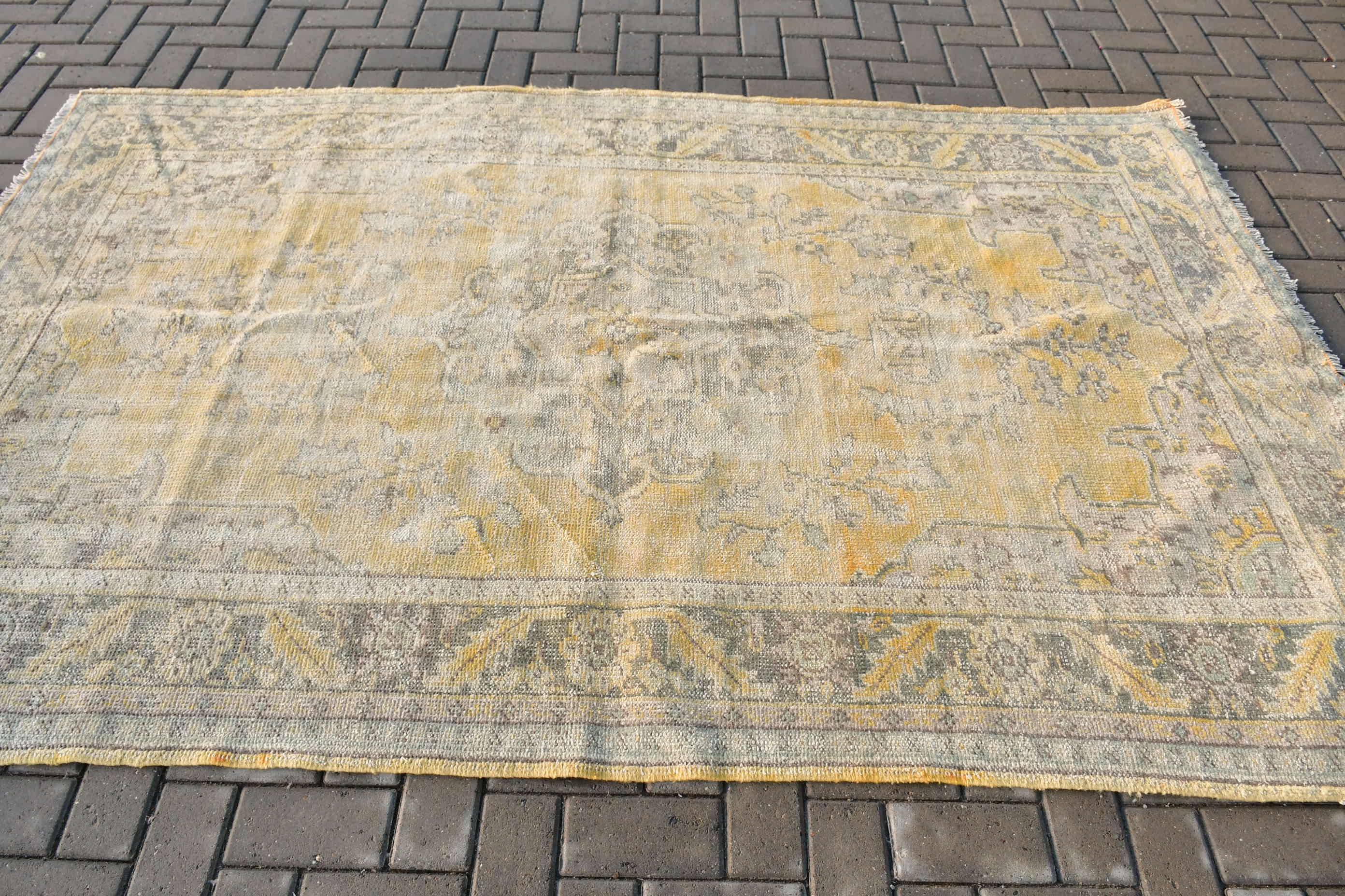 Mutfak Halısı, Vintage Halılar, Oushak Halıları, 5.2x8.4 ft Büyük Halı, Türk Halısı, Oturma Odası Halısı, Sarı Yün Halı, Salon Halıları, Salon Halıları