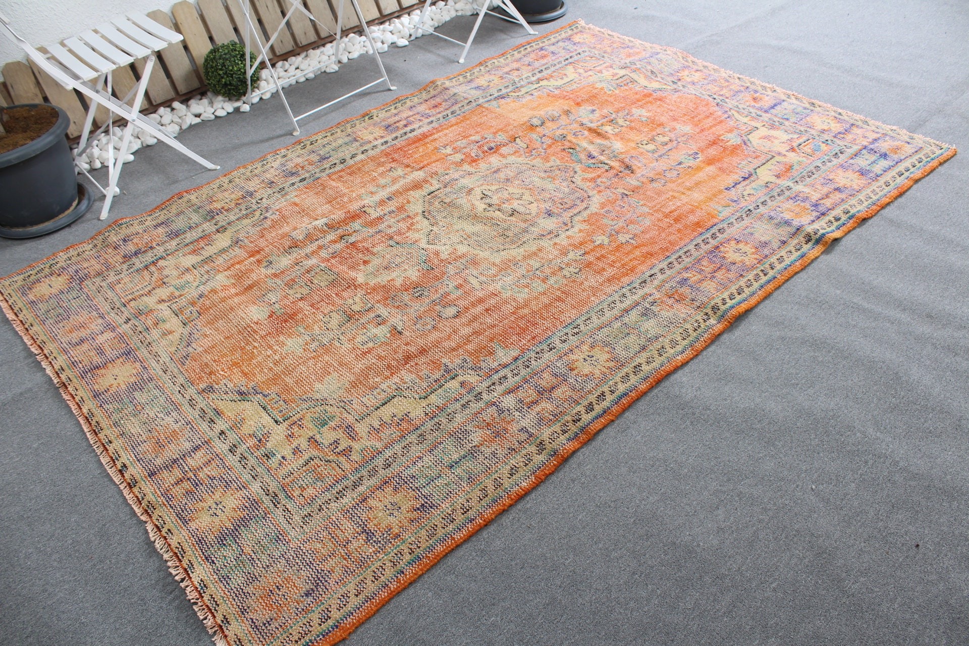 Vintage Halı, Oturma Odası Halısı, Salon Halısı, 5.4x8.4 ft Büyük Halılar, Turuncu Oryantal Halılar, Türk Halısı, Oushak Halıları, Sanat Halıları, Oryantal Halı