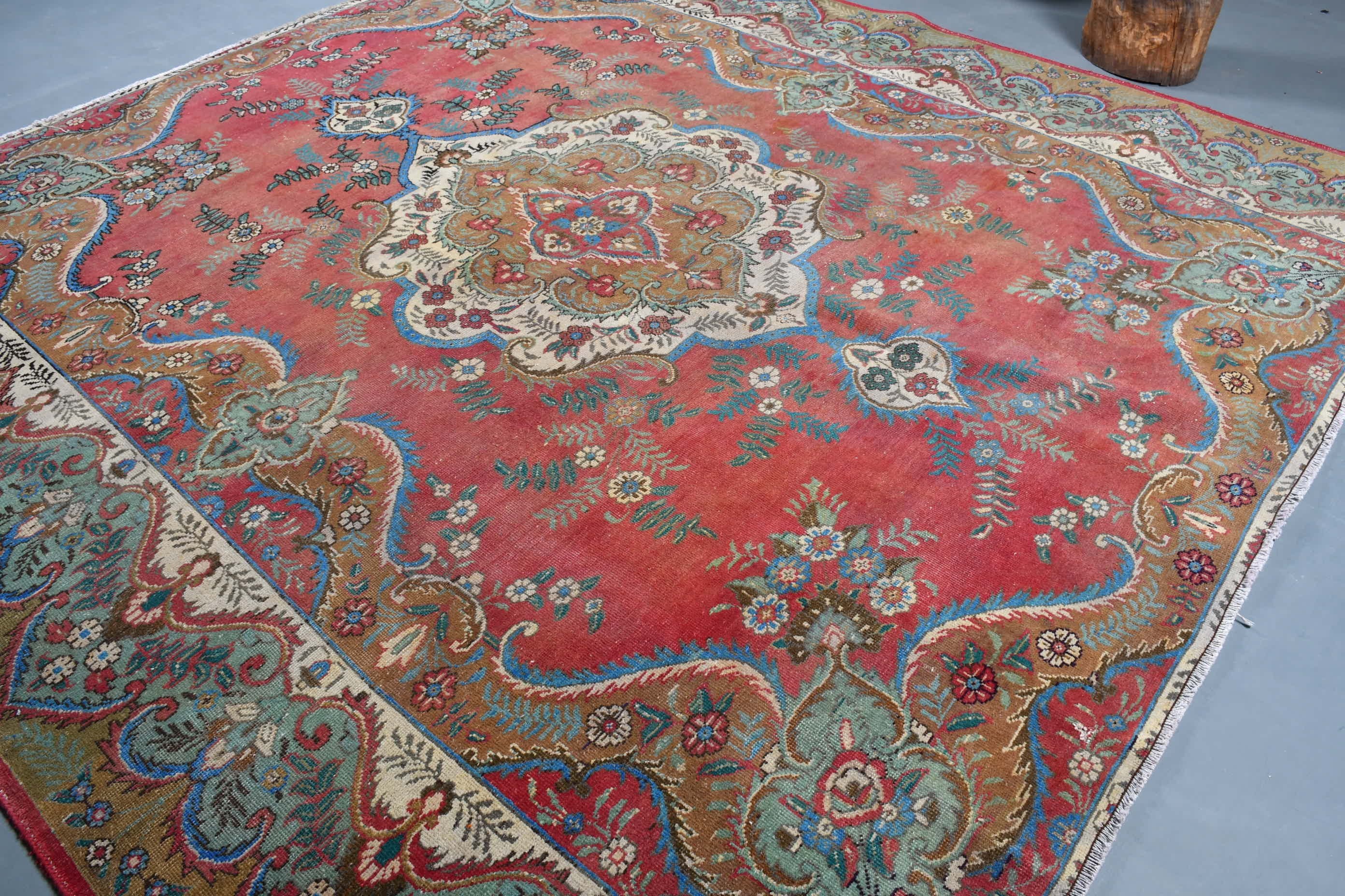 Antika Halılar, Soluk Halı, Fas Halıları, Kırmızı Oushak Halısı, Vintage Halılar, 9.9x9.9 ft Büyük Boy Halı, Yemek Odası Halısı, Türk Halısı, Oturma Odası Halısı