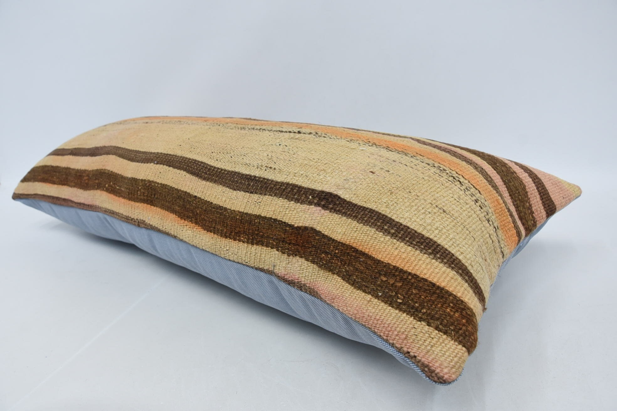 Turkish Kilim Pillow, 16"x36" Beige Pillow Sham, Interior Designer Pillow, Pillow for Couch, Muted Cushion Cover, Sofa Bolster Pillow Sham