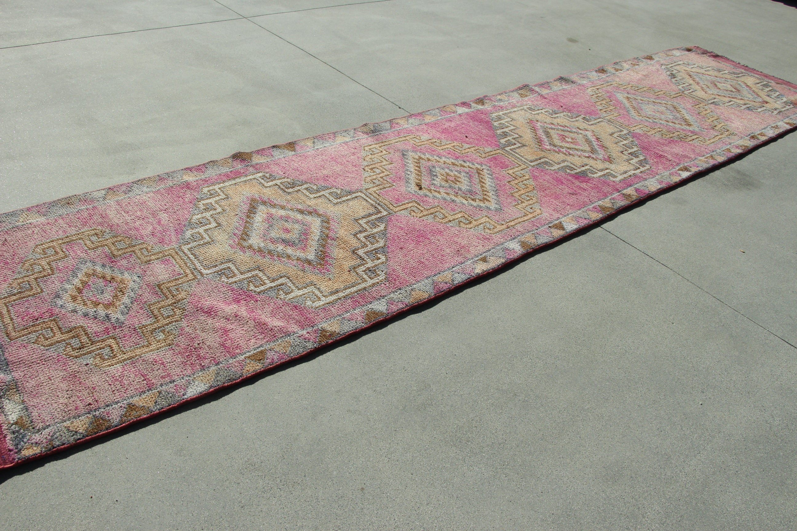 Pembe Geometrik Halılar, Vintage Halı, Koridor Halısı, Türk Halısı, 2.9x12.7 ft Runner Halısı, Düz Dokuma Halısı, Uzun Yolluk Halıları