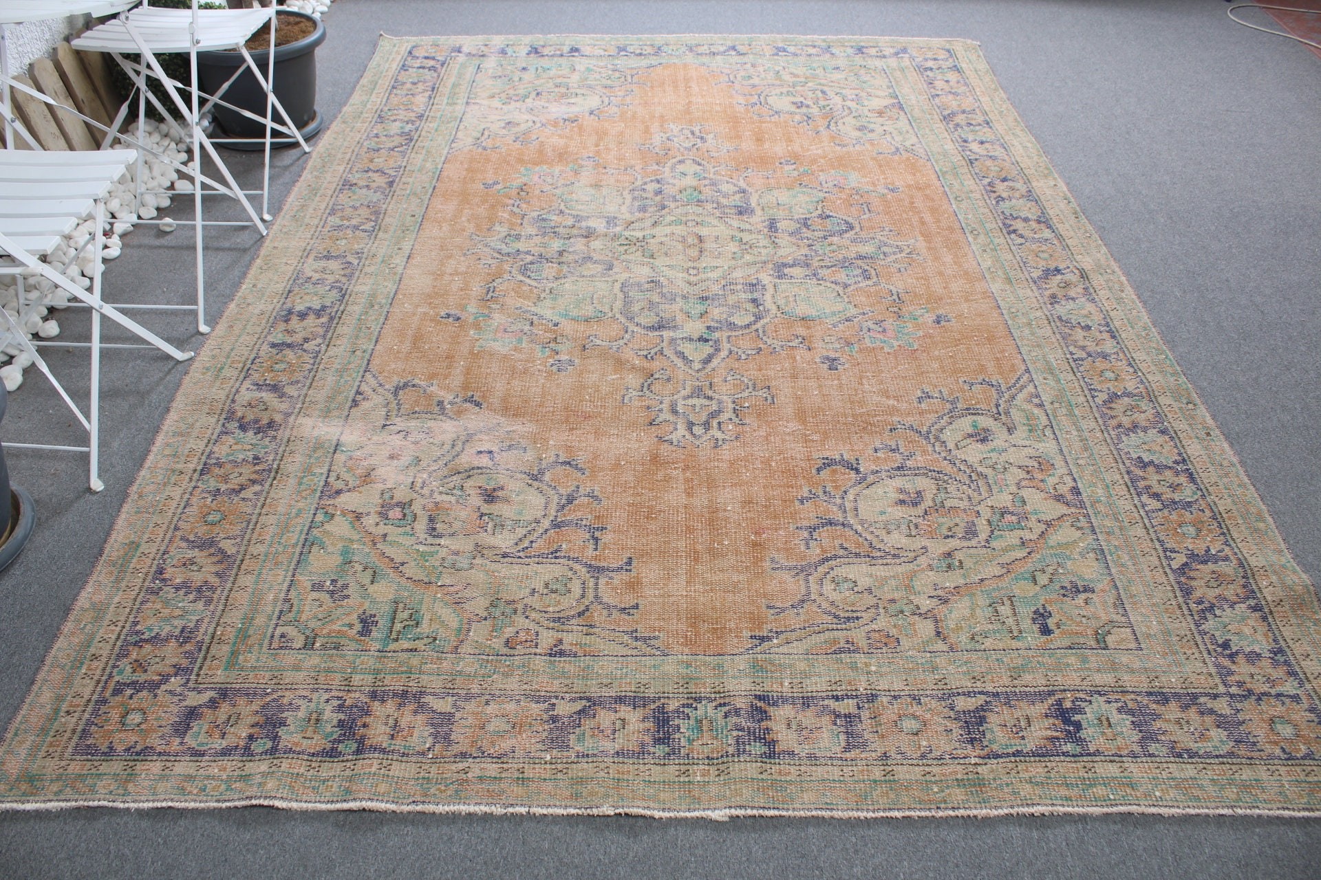 Oturma Odası Halısı, Turuncu 6.9x10.3 ft Büyük Boy Halılar, Yemek Odası Halısı, Vintage Halılar, Oushak Halısı, Ev Dekorasyonu Halısı, Türk Halıları