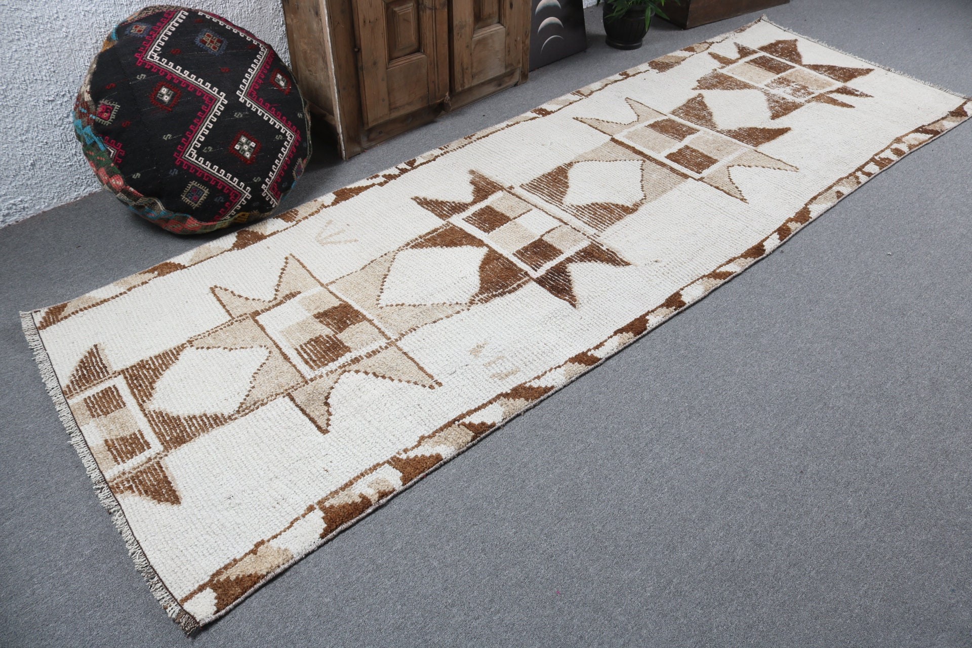 Vintage Halı, Türk Halısı, Yer Halısı, Beyaz 3.4x10.4 ft Runner Halıları, Uzun Runner Halısı, Boho Halıları, Vintage Runner Halıları