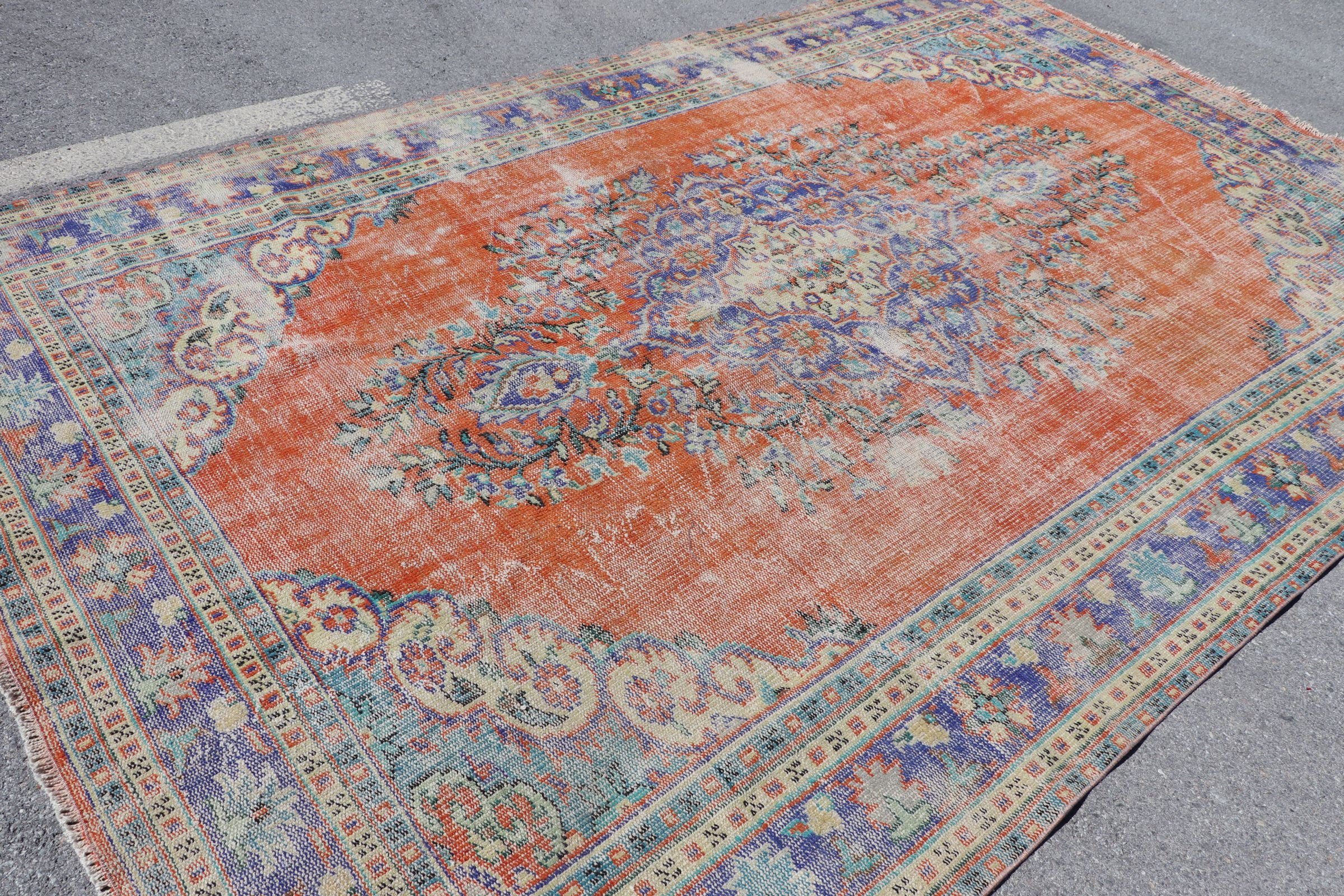 Turkish Rugs, Orange Oriental Rugs, Vintage Rug, Kitchen Rug, Living Room Rugs, Saloon Rug, 7.3x11.2 ft Oversize Rugs