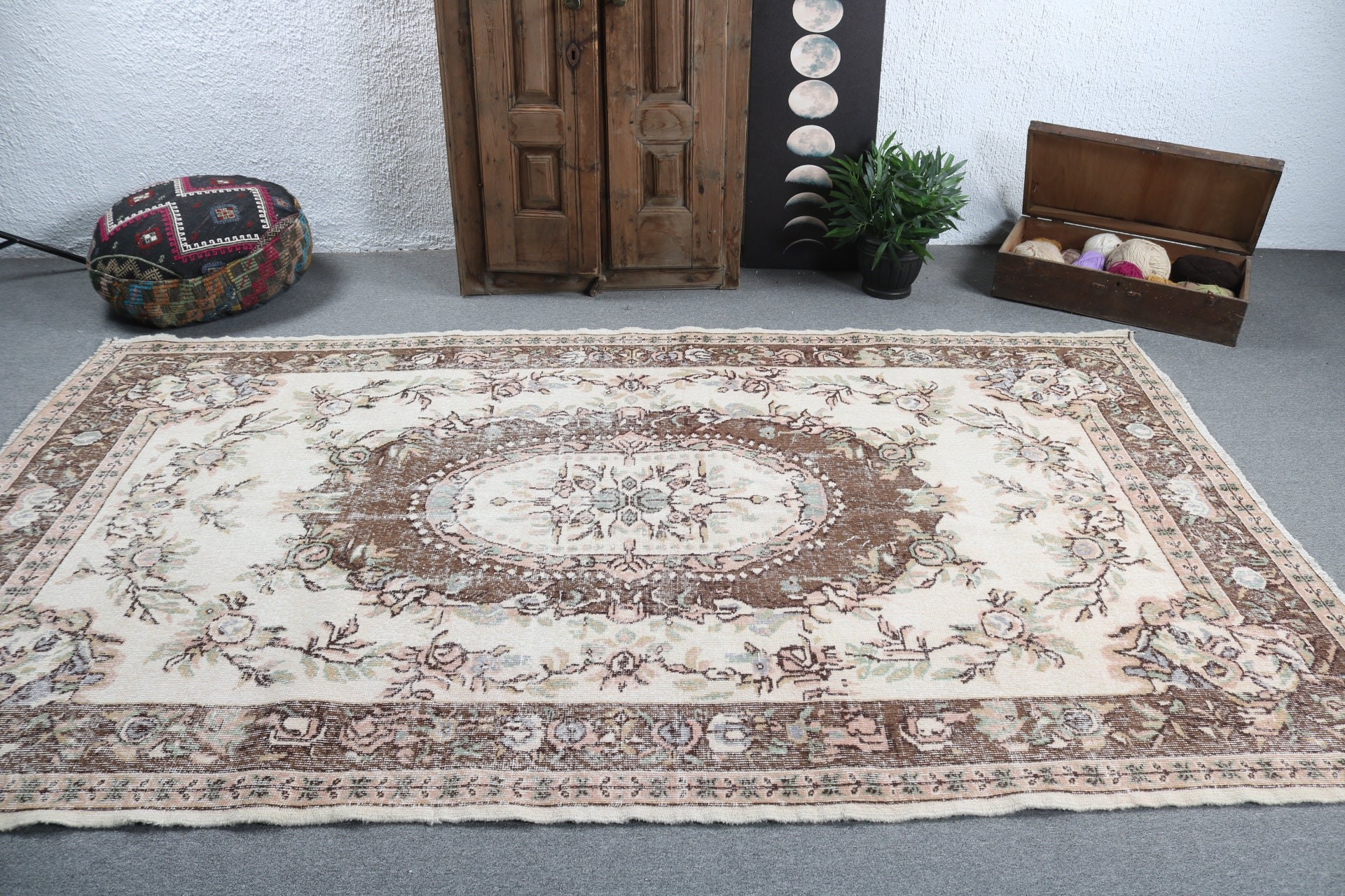 Vintage Halılar, Lüks Halılar, Vintage Dekor Halılar, Bej Boho Halı, 5,7x9,7 ft Büyük Halı, Havalı Halı, Türk Halıları, Büyük Vintage Halı, Salon Halıları