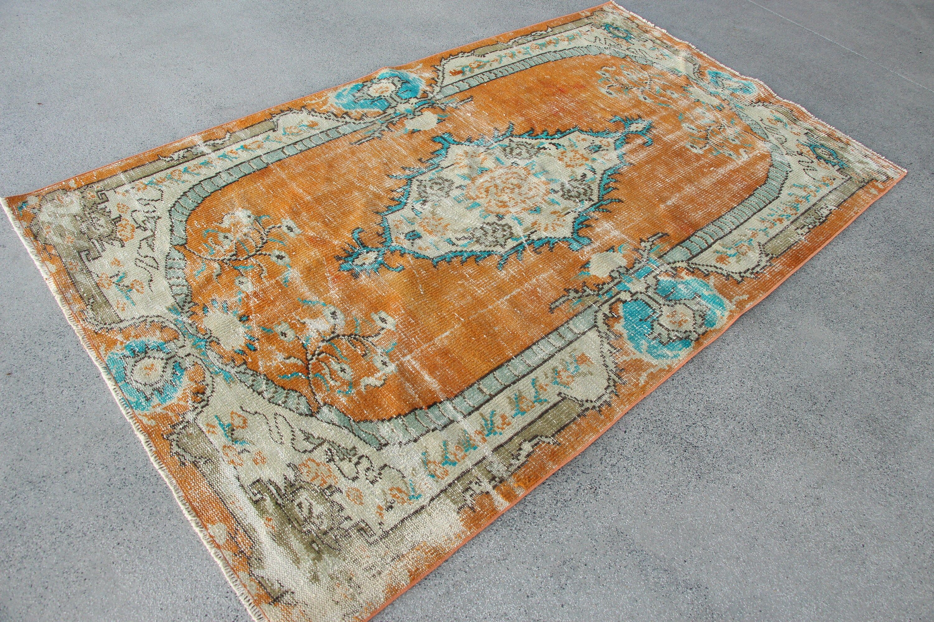 Pale Rug, Turkish Rug, Living Room Rug, Kitchen Rugs, Anatolian Rug, Vintage Rug, Rugs for Indoor, Orange Oushak Rugs, 4.2x7.3 ft Area Rugs