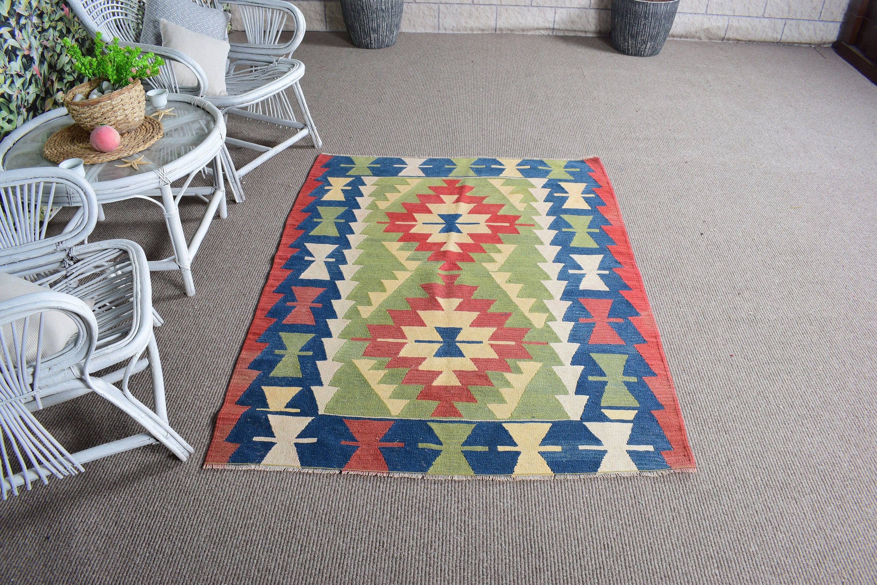 Blue Oriental Rugs, Moroccan Rug, Antique Rugs, Rugs for Nursery, Entry Rug, Turkish Rug, 3.9x5.4 ft Accent Rug, Kilim, Vintage Rugs