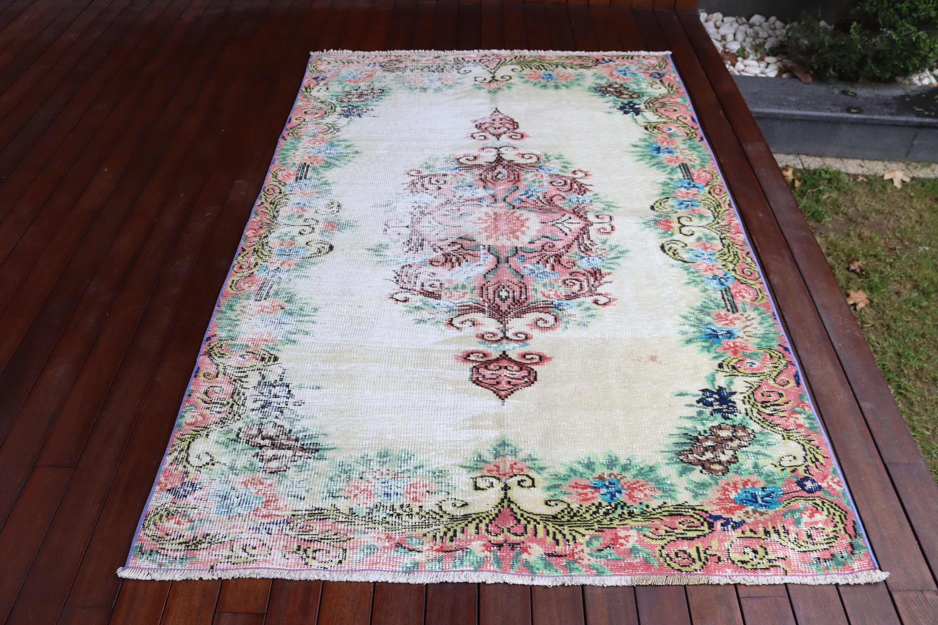 4.6x7 ft Alan Halısı, Lüks Halı, Yün Halılar, Vintage Halılar, Yeşil Oushak Halılar, Boho Alan Halısı, Antika Halılar, Türk Halıları, Mutfak Halıları