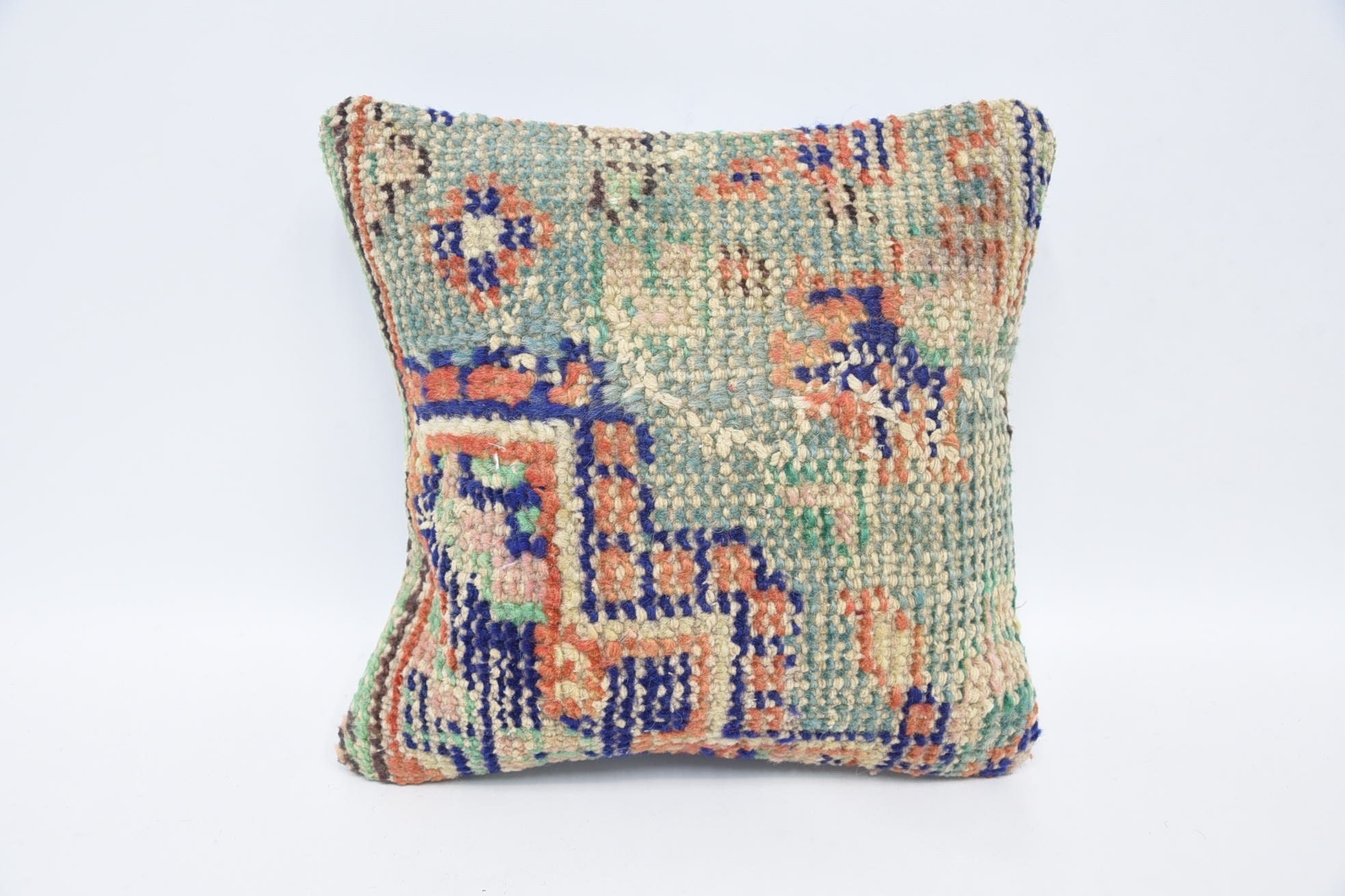 Kilim Cushion Sham, Kilim Pillow Cover, Throw Kilim Pillow, Decorative Throw Pillow Case, 12"x12" Blue Pillow Cover