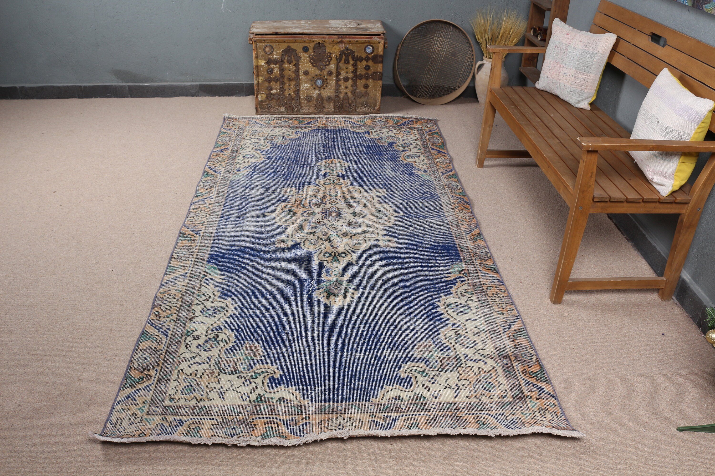 Rugs for Dining Room, Blue  4.3x8.4 ft Area Rug, Floor Rugs, Wool Rug, Nursery Rugs, Vintage Rug, Dorm Rug, Turkish Rugs