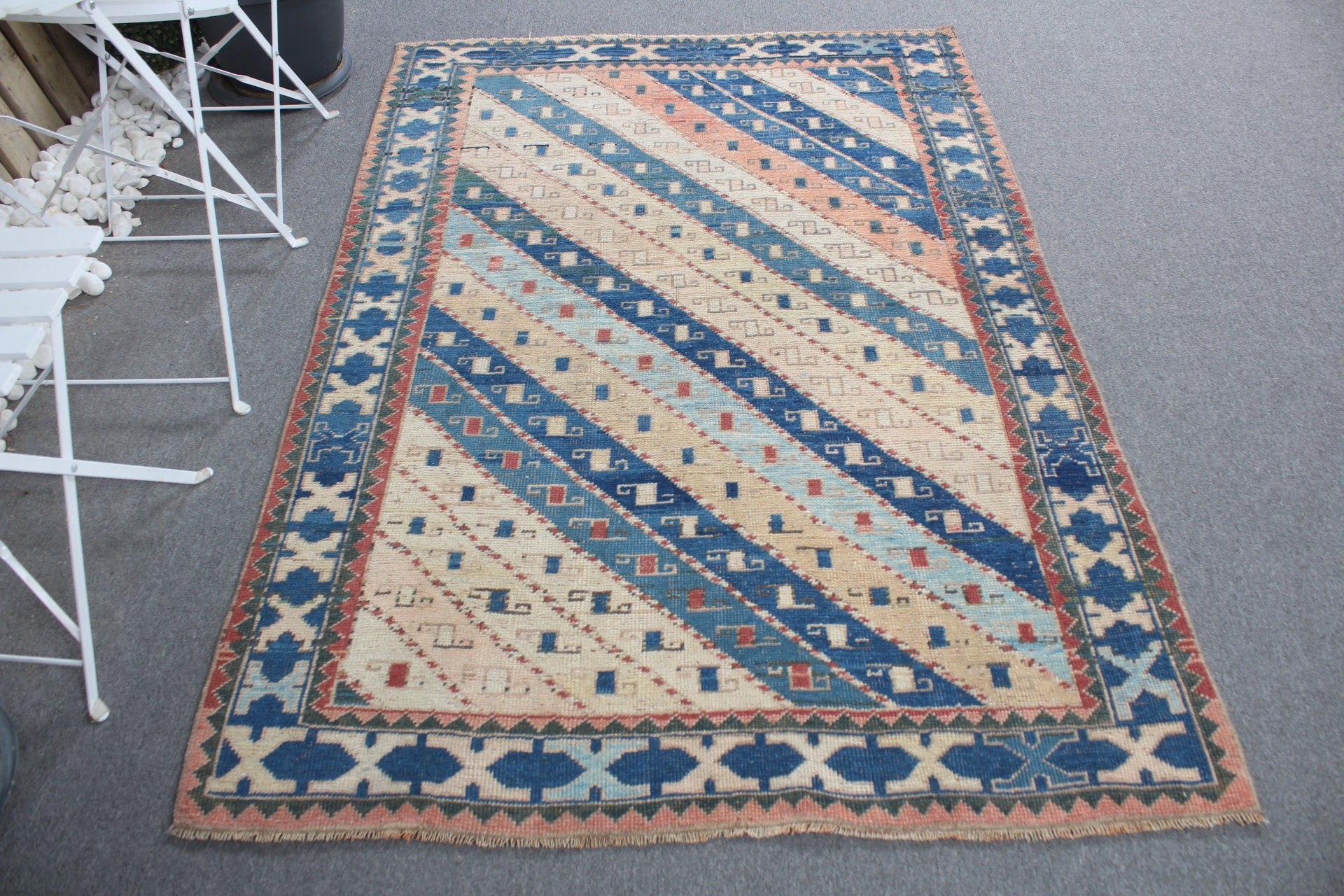 Oushak Halıları, Mavi Mutfak Halısı, Vintage Halı, Yemek Odası Halıları, Yemek Odası Halıları, 4,4x6,3 ft Alan Halısı, Antika Halılar, Türk Halıları