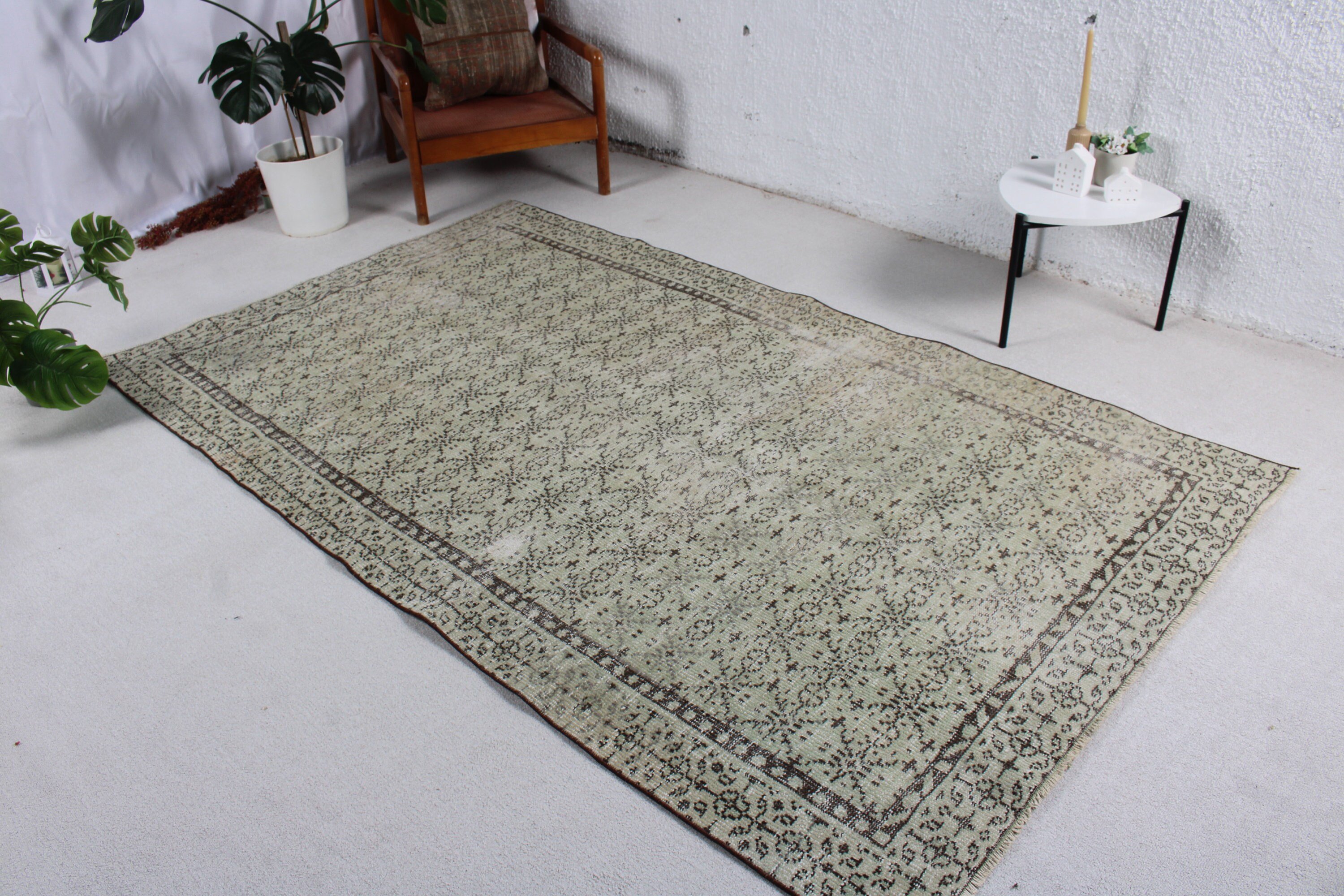 Büyük Vintage Halılar, Salon Halıları, 5x8,3 ft Büyük Halılar, Egzotik Halılar, Türk Halıları, Yeşil Oushak Halı, Vintage Halı, Geometrik Halı