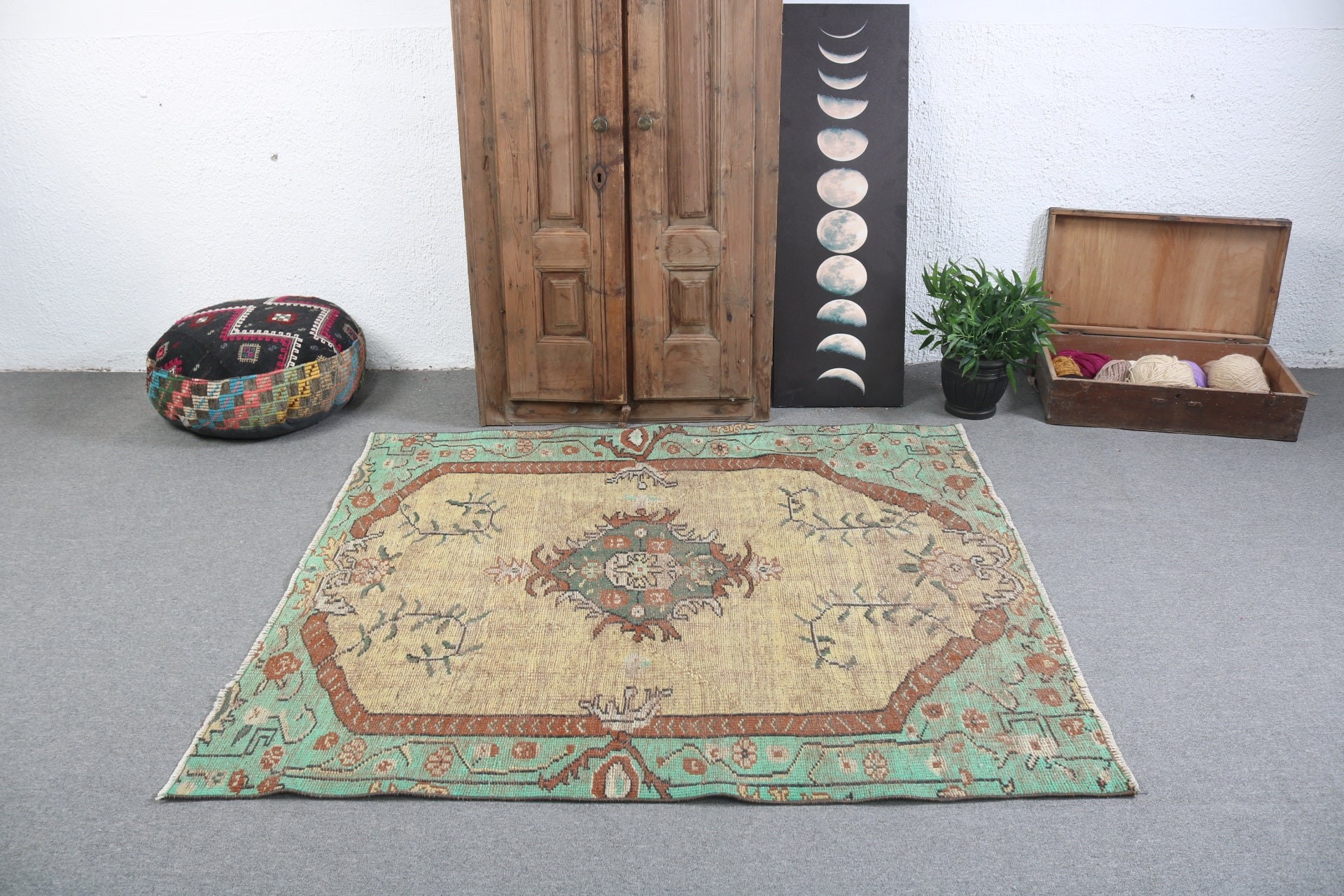 Turkish Rug, Boho Rug, Antique Rugs, Yellow Statement Rug, Vintage Rugs, Oushak Area Rugs, Office Rug, 5x5.5 ft Area Rug, Floor Rug