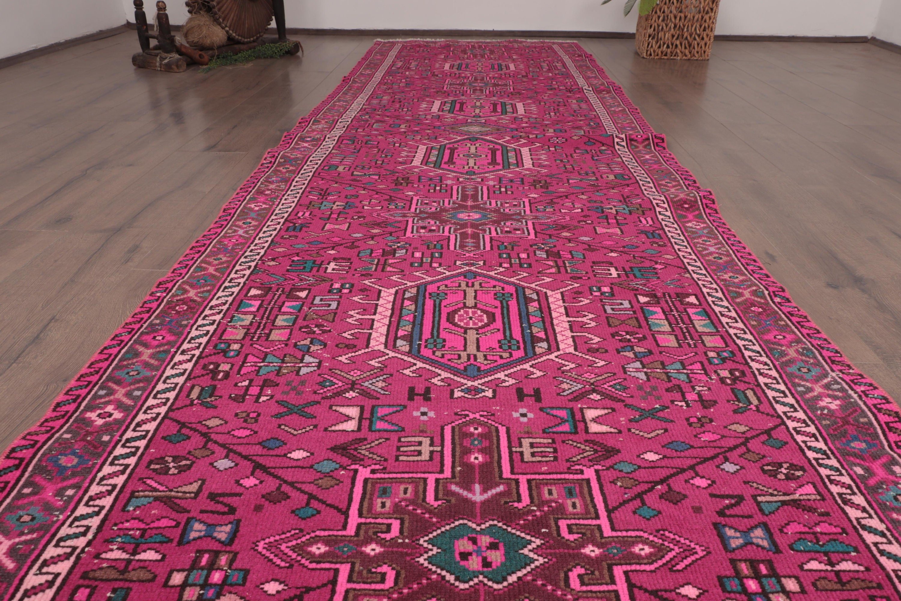 3.3x12.5 ft Runner Halı, Boho Halı, Uzun Runner Halıları, Pembe Fas Halıları, Koridor Halısı, Türk Halıları, Antika Halı, Vintage Halı, Yatak Odası Halıları