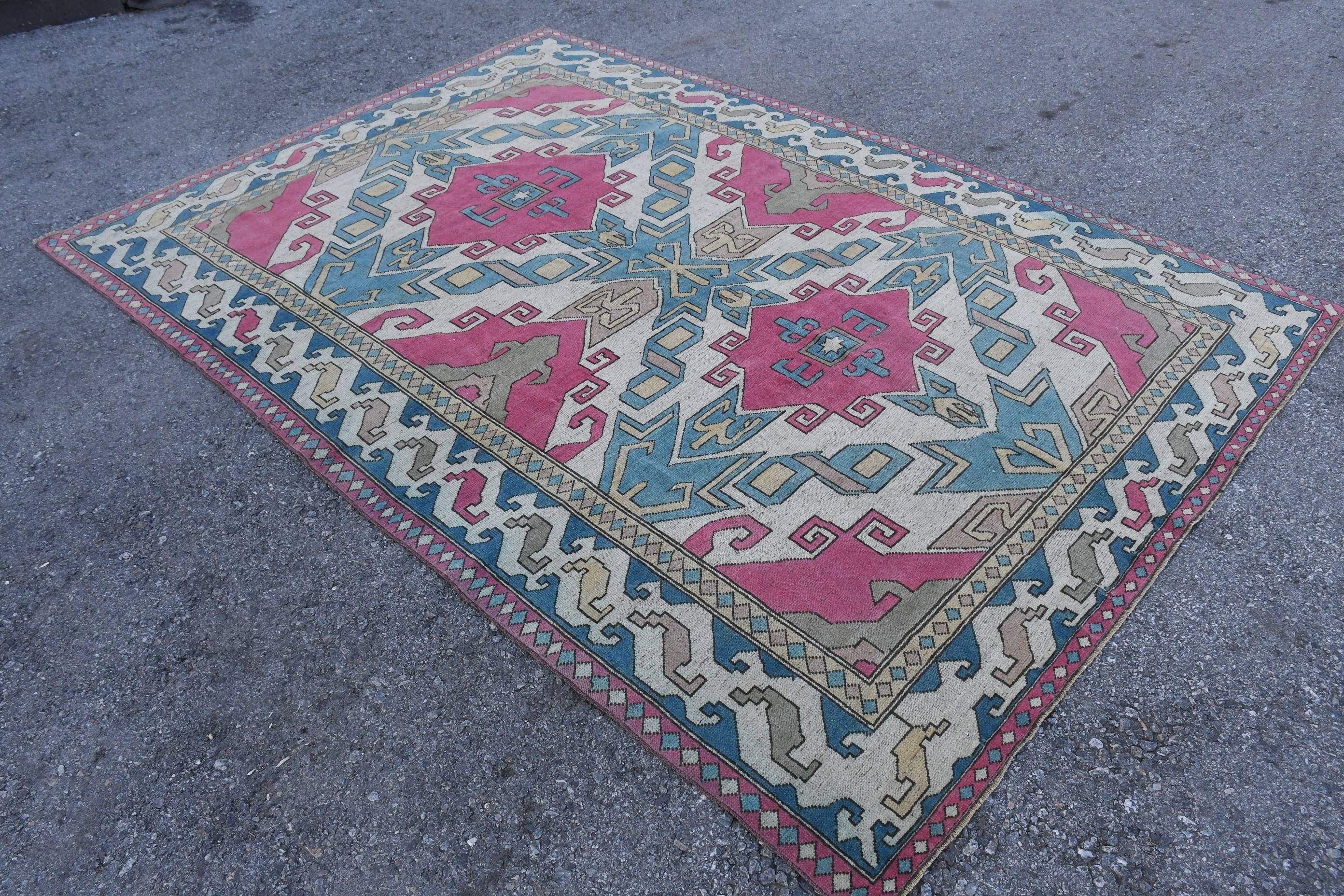 Yemek Odası Halısı, Yatak Odası Halıları, 6.4x9 ft Büyük Halı, Oushak Halısı, Türk Halıları, Özel Halı, Mavi Yer Halısı, Vintage Halılar