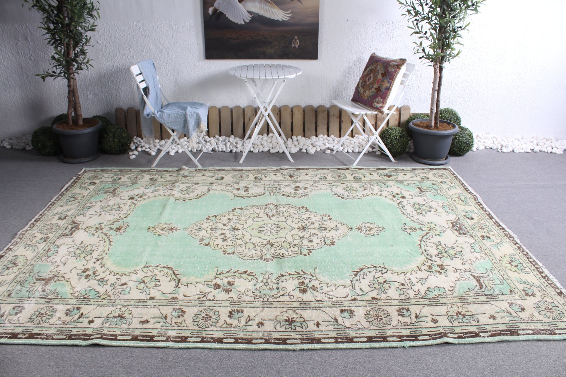 Aztek Halısı, Vintage Halı, Yatak Odası Halıları, 6.7x9.9 ft Büyük Halı, Yeşil Boho Halısı, Oryantal Halılar, Geometrik Halılar, Büyük Vintage Halılar, Türk Halısı