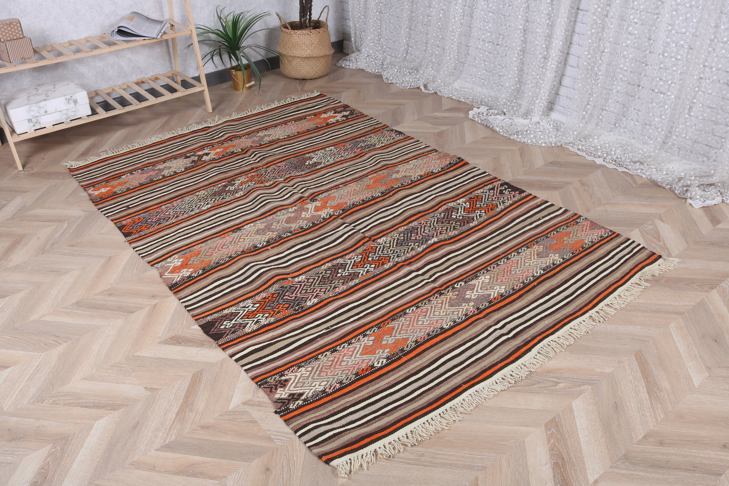 4,6x7,3 ft Alan Halıları, Oryantal Halı, Boho Alan Halısı, Boho Halıları, İç Mekan Halısı, Vintage Halılar, El Yapımı Halı, Türk Halıları, Kahverengi Oushak Halıları