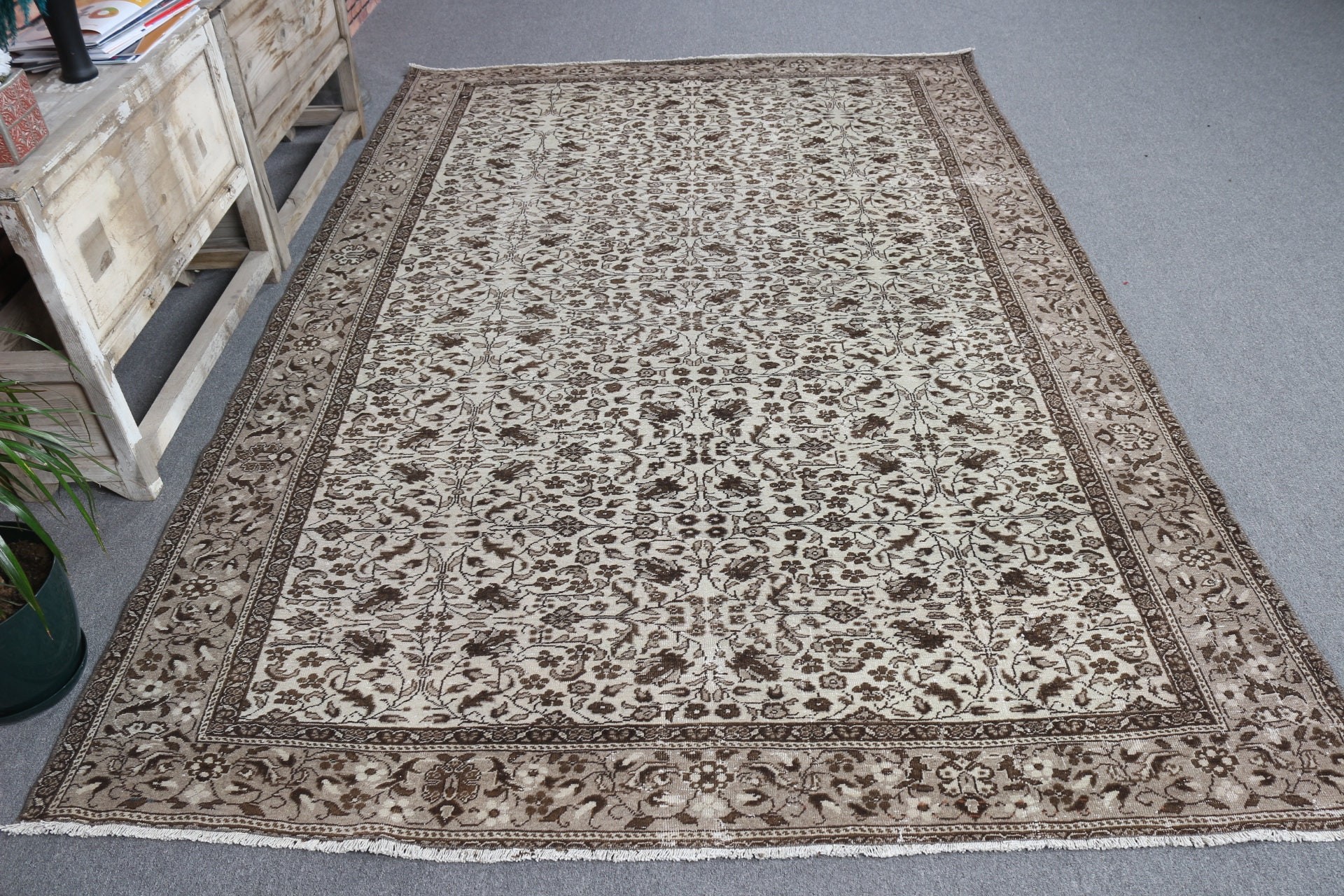 Antika Halı, Tasarımcı Halısı, Bej Mutfak Halısı, 6.2x9 ft Büyük Halı, Oturma Odası Halısı, Türk Halıları, Yemek Odası Halısı, Vintage Halı