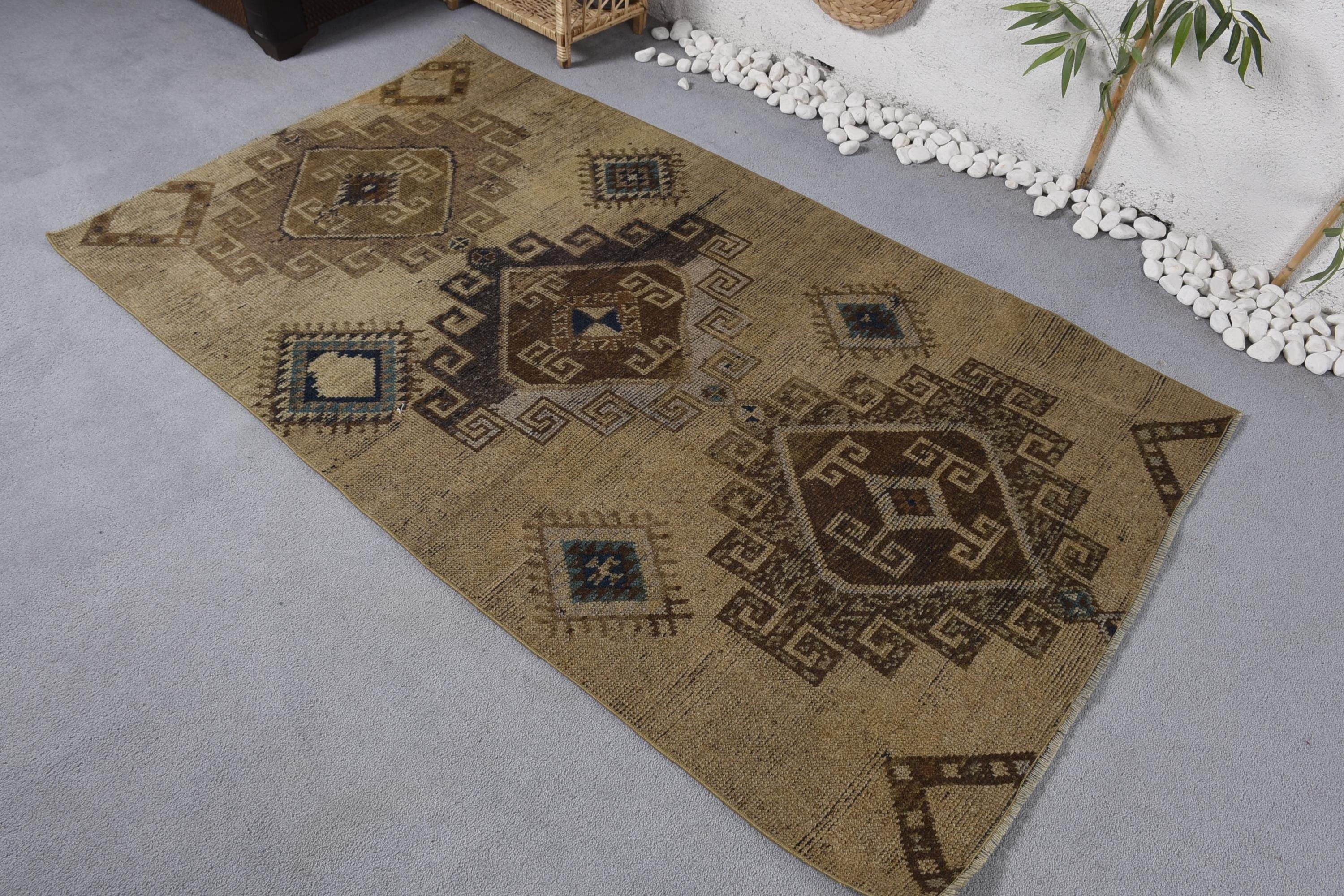 Wool Rug, Vintage Rugs, Kitchen Rugs, Oushak Area Rug, Handwoven Rug, Office Rugs, Turkish Rug, 3.7x6.7 ft Area Rug, Beige Geometric Rug