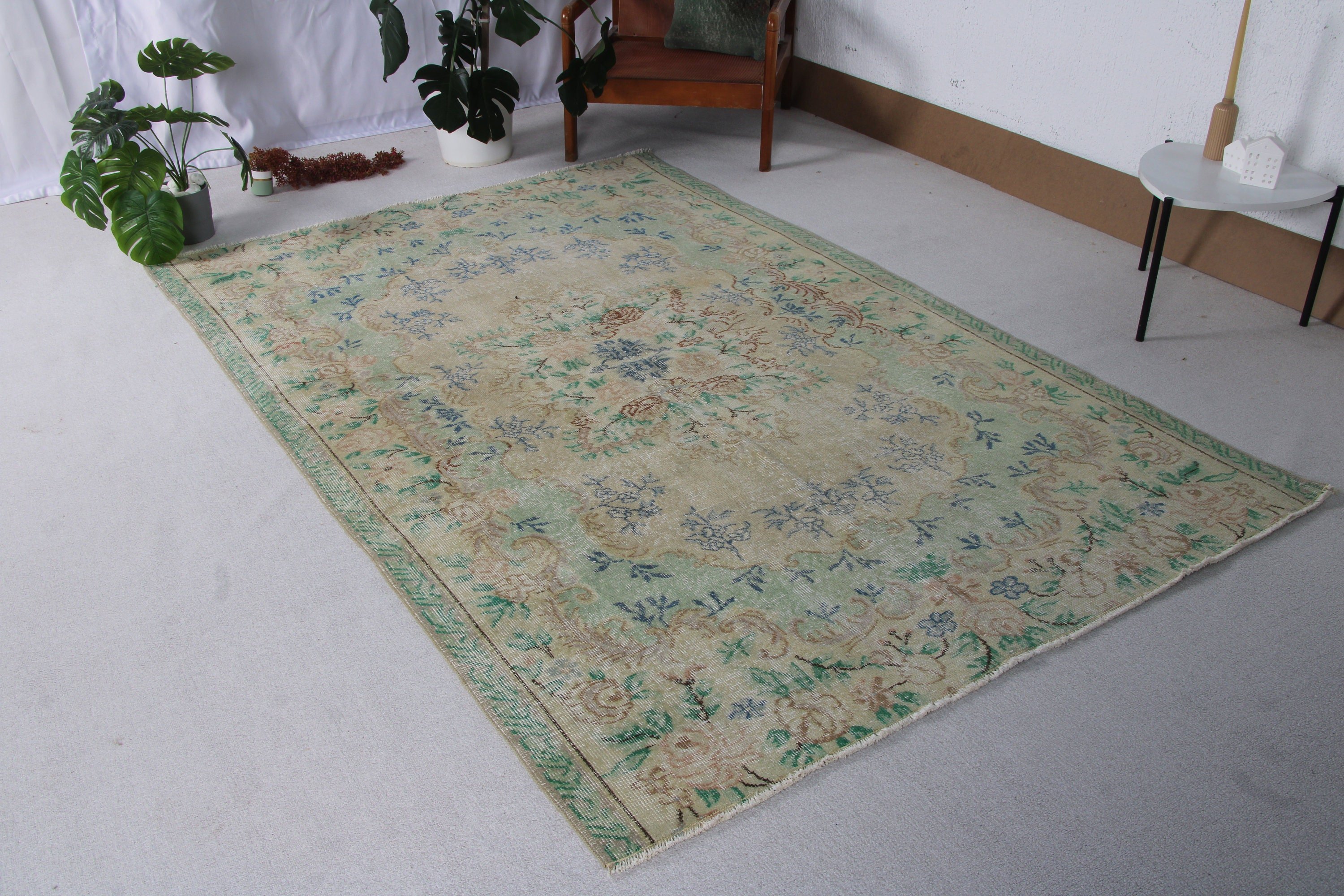 5.3x8.2 ft Büyük Halı, Vintage Halılar, Ev Dekorasyonu Halısı, Büyük Oushak Halıları, Türk Halıları, Havalı Halı, Salon Halıları, Yeşil Geometrik Halı, Yer Halıları