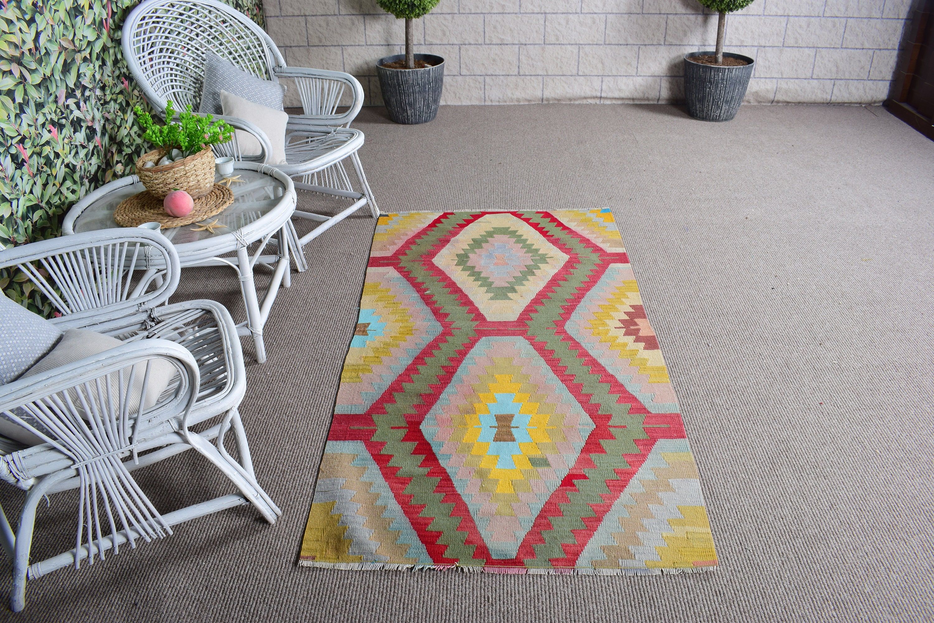 Turkish Rugs, Boho Rugs, Oushak Rugs, Boho Accent Rugs, Vintage Rugs, Yellow Boho Rug, 3.1x6.1 ft Accent Rug, Aztec Rug, Kilim, Luxury Rug