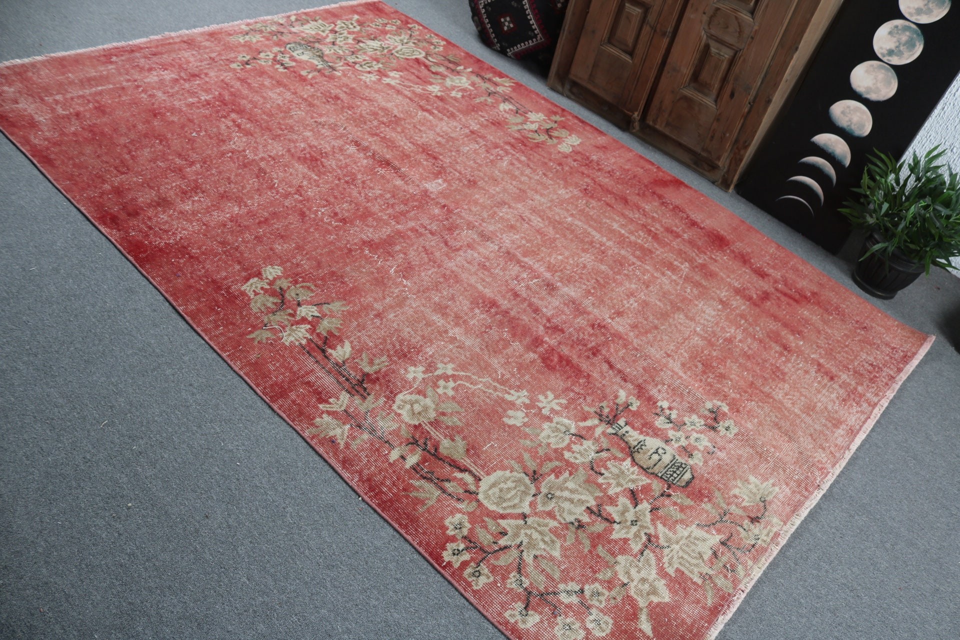 Oriental Rug, Large Oushak Rug, Aztec Rug, Red Statement Rug, 5.8x8.5 ft Large Rug, Salon Rug, Vintage Rugs, Turkish Rugs