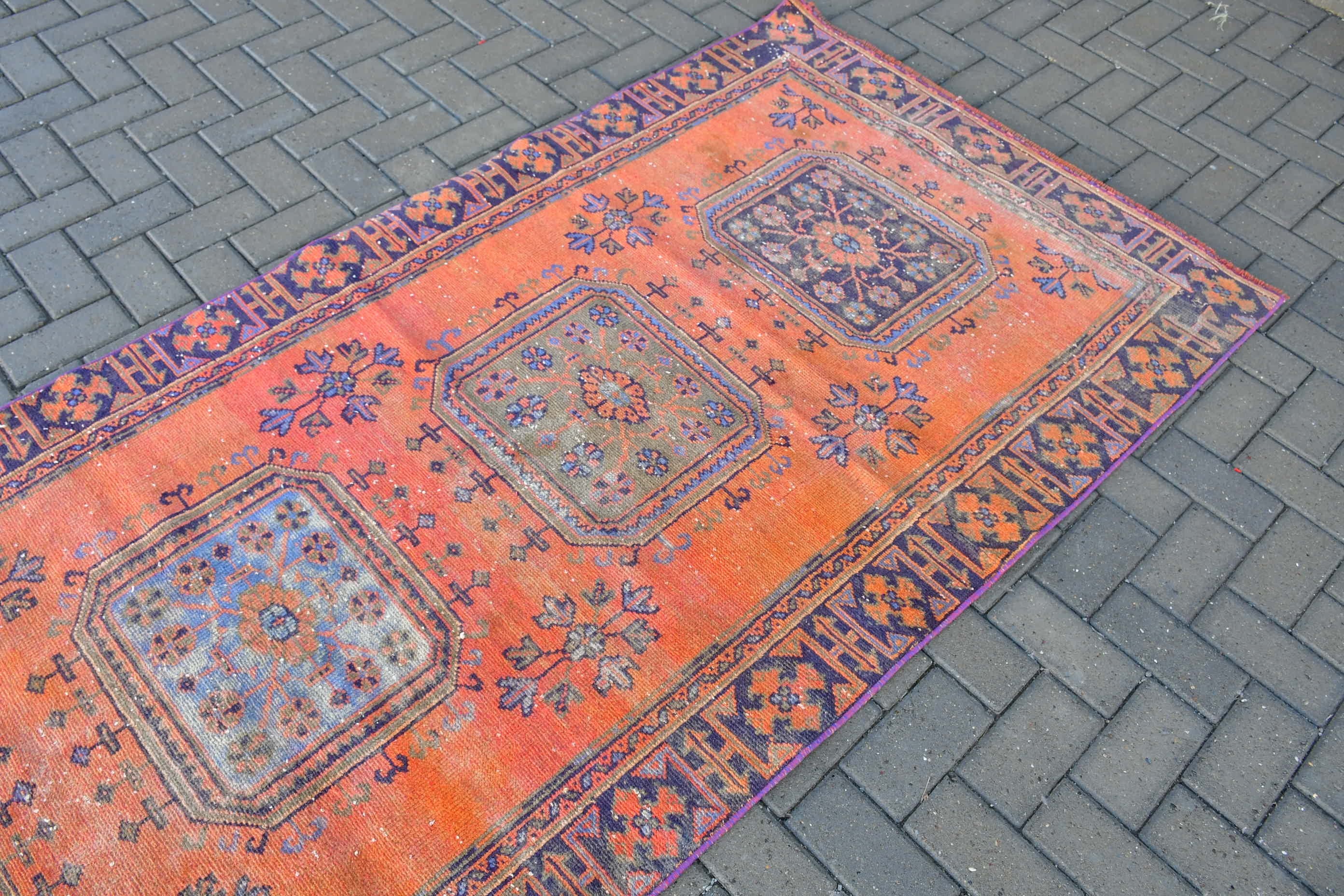 Rugs for Kitchen, Turkish Rugs, Stair Rug, Orange  3.8x11.2 ft Runner Rugs, Wool Rug, Vintage Rugs, Corridor Rugs, Cool Rugs